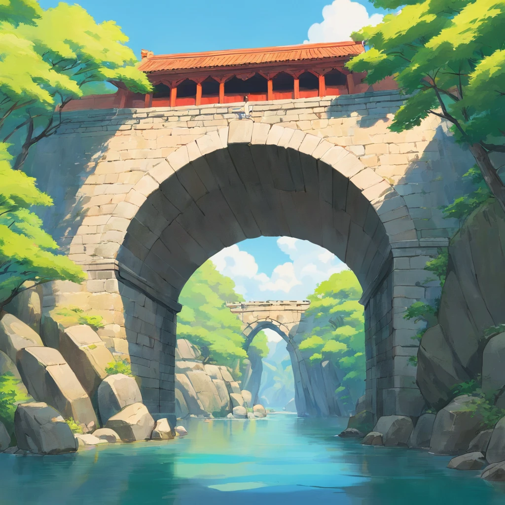 Chinese stone arch bridge，Single，with a simple background，Front view，shot from a far distance