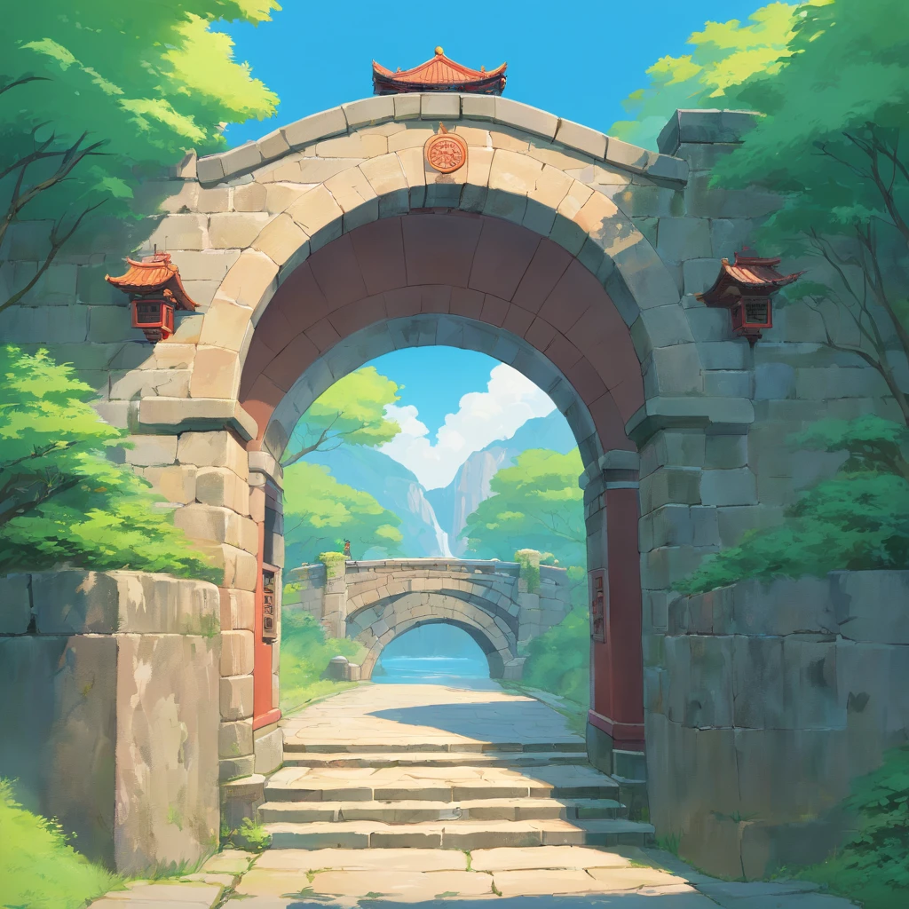 Chinese stone arch bridge,Single,with a simple background,Front view,shot from a far distance
