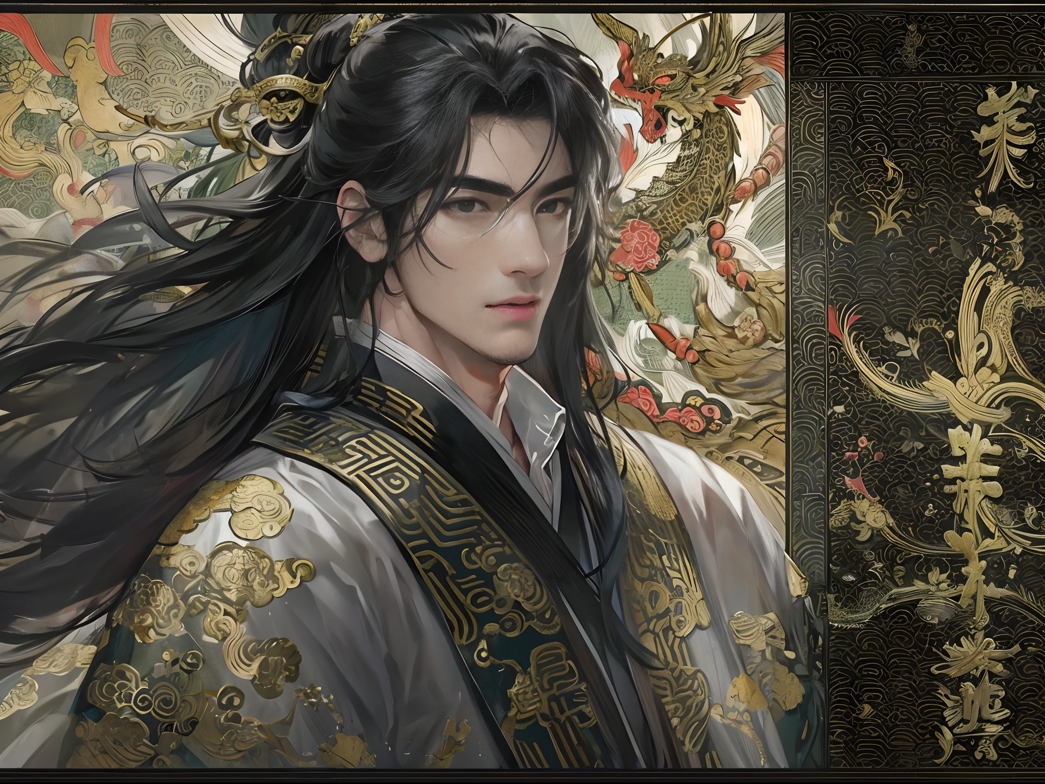Masterpiece, Best quality, Night, full moon, 1 man, Mature man, Ancient China,Takeshi Kaneshiro, Black hair, Black eyes, Split ends of hair, Long hair, Long bangs, Handsome, Diao noodles,Handsome, Masculine, Chinese Jianbao, gentle, Tall, calm, Costumes that alternate black and gold, Gold pattern, Dragon pattern, prince, Sword pairing, Side, Facial details, The face is delicate
