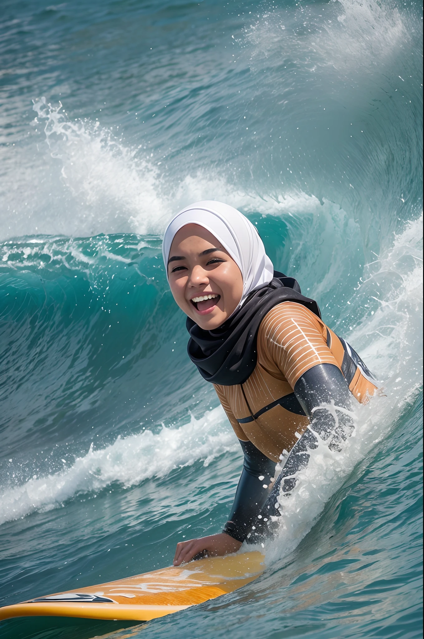 Capture the excitement of a Malay girl in hijab as she rides the waves while surfing, embracing the thrill of the ocean and the challenge of the sport