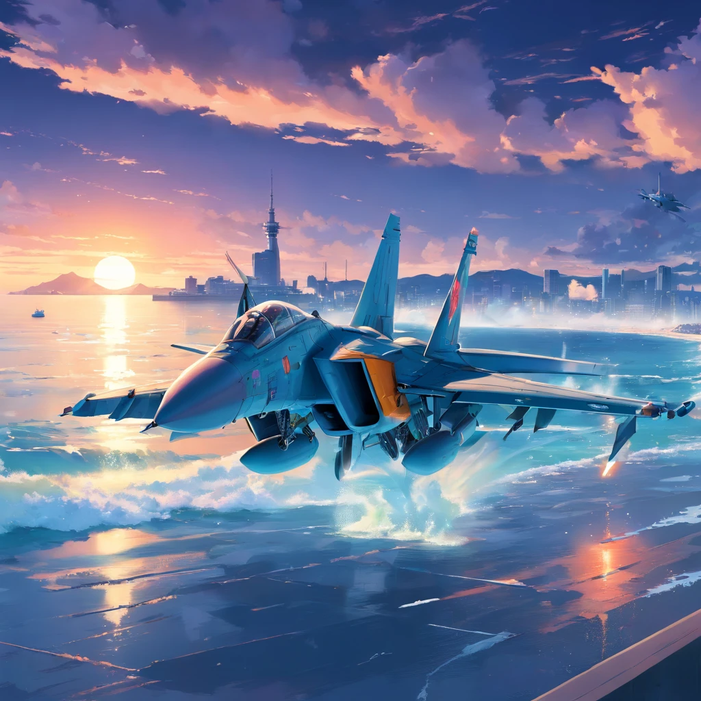 8K, best quality, masterpiece, scenery, sea, action, panoramic view, f15 tomcat plane , mig 28, gunfight, topgun, topgun logo, fire, peach, luxury, a dream car, fly in the galaxy, drop the money, food