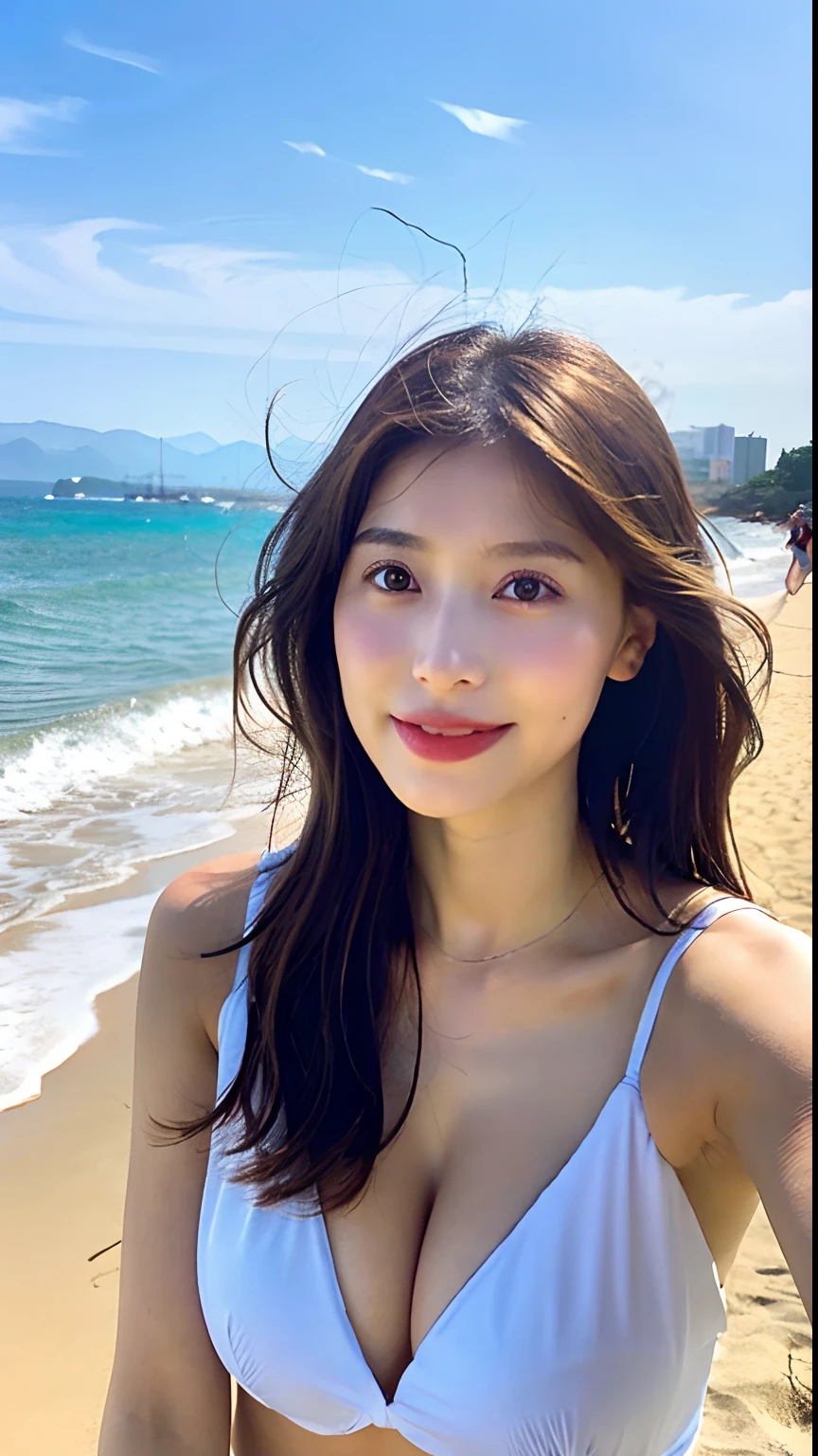 (top-quality、hight resolution、​masterpiece:1.3)、Tall and cute woman、（large full breasts:1.5)、Dark brown hair styled in loose waves、Wearing a  pink pendant、a white bikini、short pants、(Coast in the background)、Details exquisitely rendered in the face and skin texture、Detailed eye、light smile、cowboy shot、short cut hair、starly sky、（fold your arms behind head:1.5)、beatiful、cute、