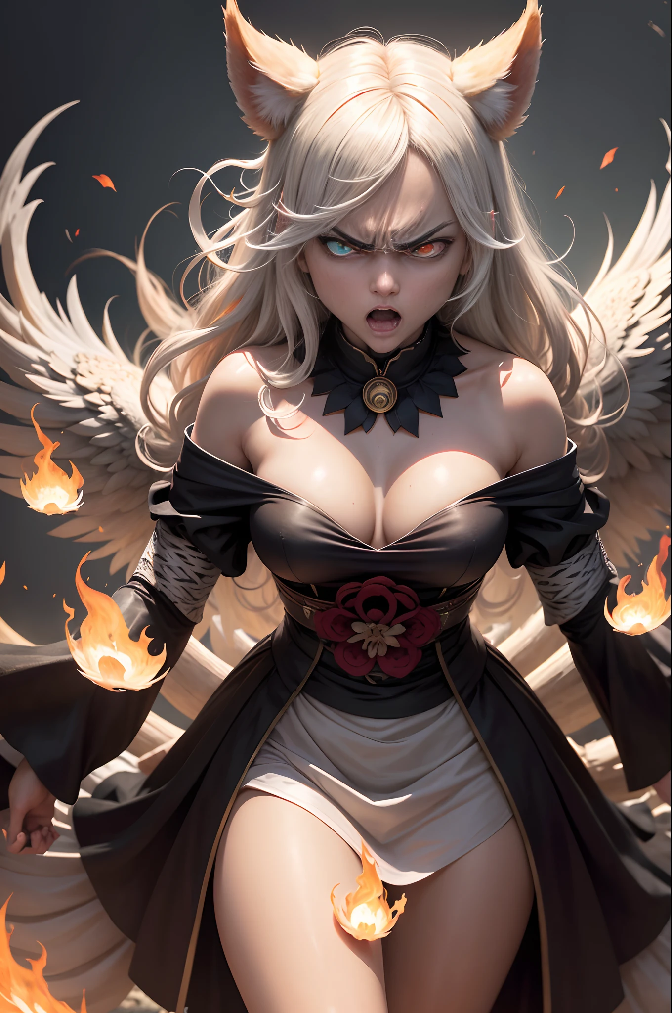 sacerdotisa kitsune, rabiosa, mostrando colmillos y garras, (UHD, 8K, maxima resolucion, ultra detallado), obra maestra, muy detallado, cuerpo entero, (angry expression:1.4), (ojos furiosos:1.2), ojos rojos, (heterochromia:1.2), colapso mental, intimidation, Form of Damages, (enojo:1.4), venganza, Rabia, Destruction, Asesinato, locura