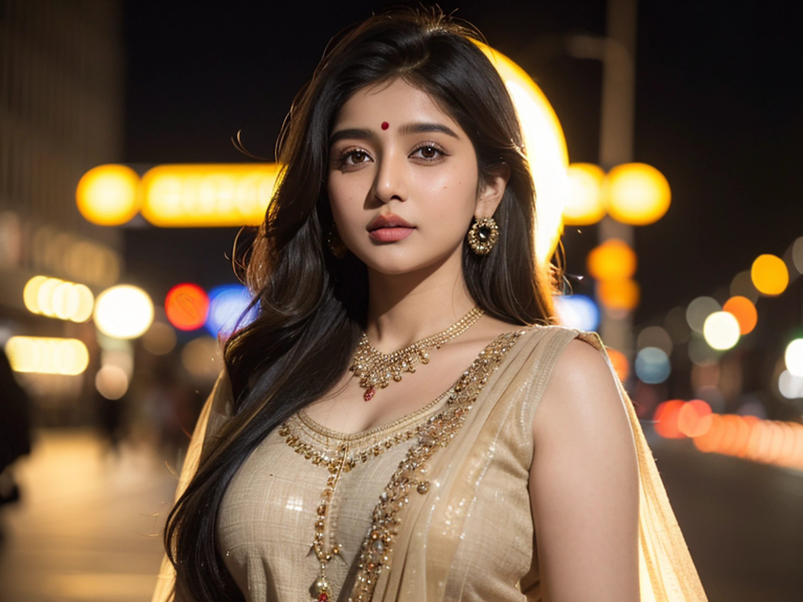 (((desi Indian girl))), chubby face, natural skin, wearing hot deep neck top and dupatta, charming black hair, ((hair ends are blonde)), city streets background, bokeh