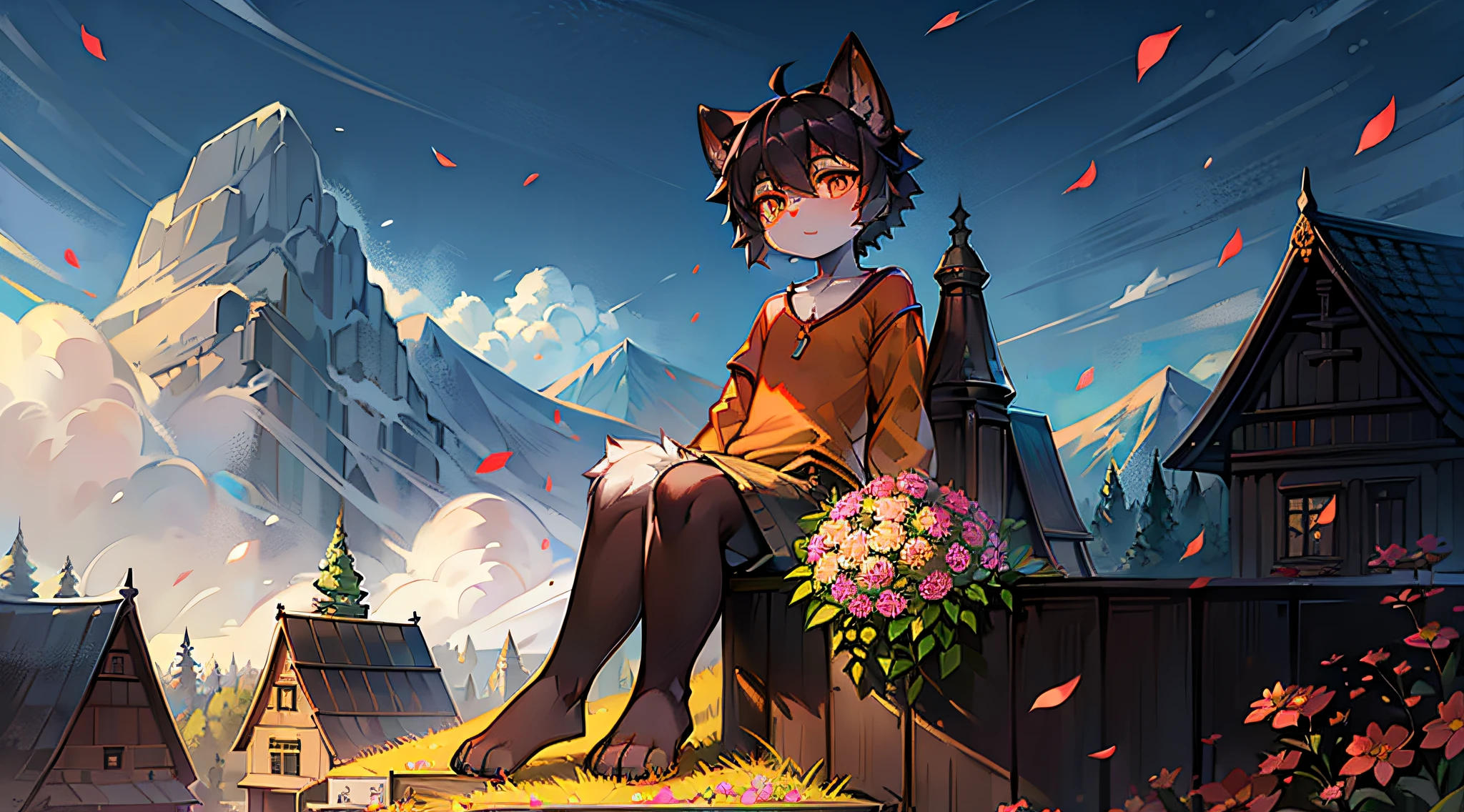 Black Haired Wolf，Orange shirt，Orange pupils，shoun，adolable，flower bouquet，Colorful flowers，Pear，falling flower petals，blue-sky，baiyun，Sit on the hillside，solo person，rays of sunshine，suns，Look at the sky,Sit on your side，clear blue skies，House in the distance，ornate backdrop