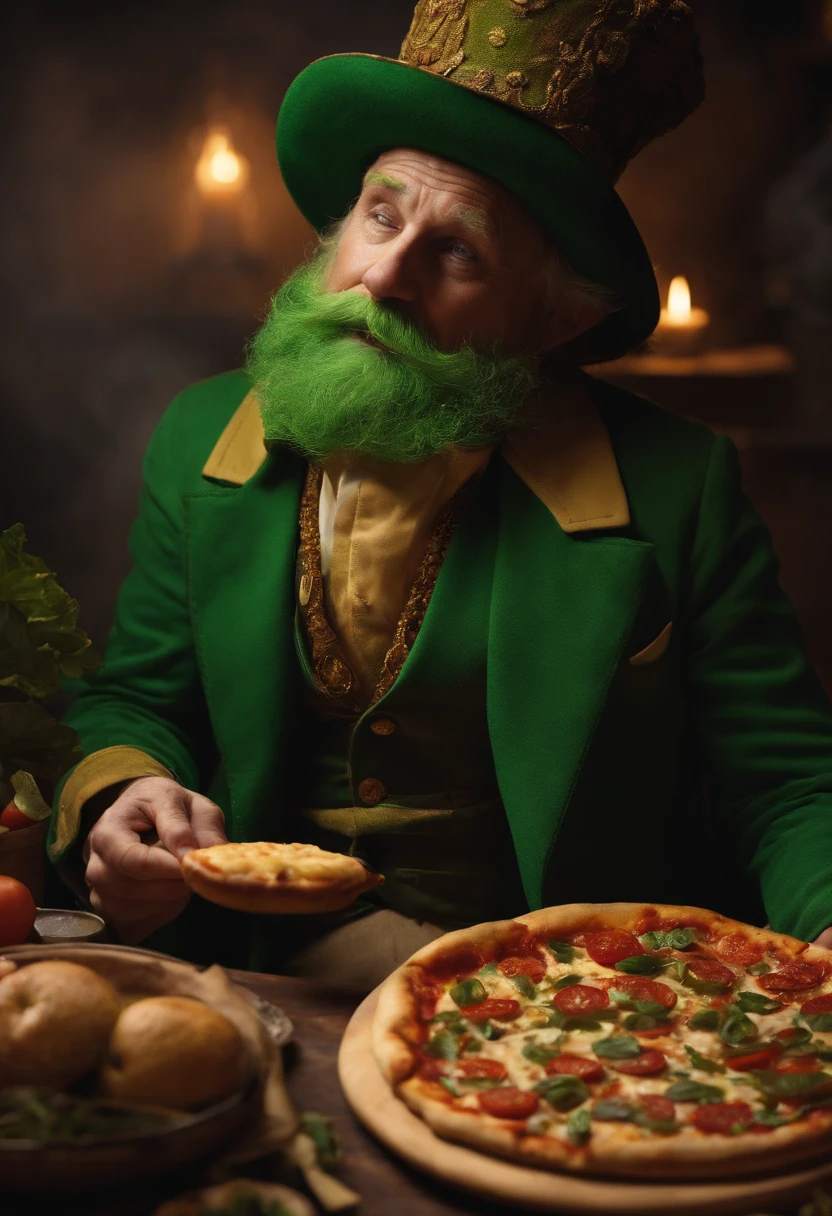 leprechaun sentado comendo pizza