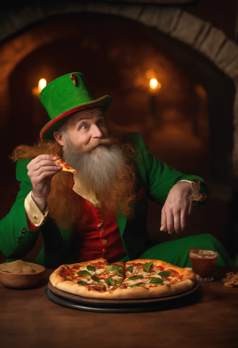leprechaun sentado comendo pizza