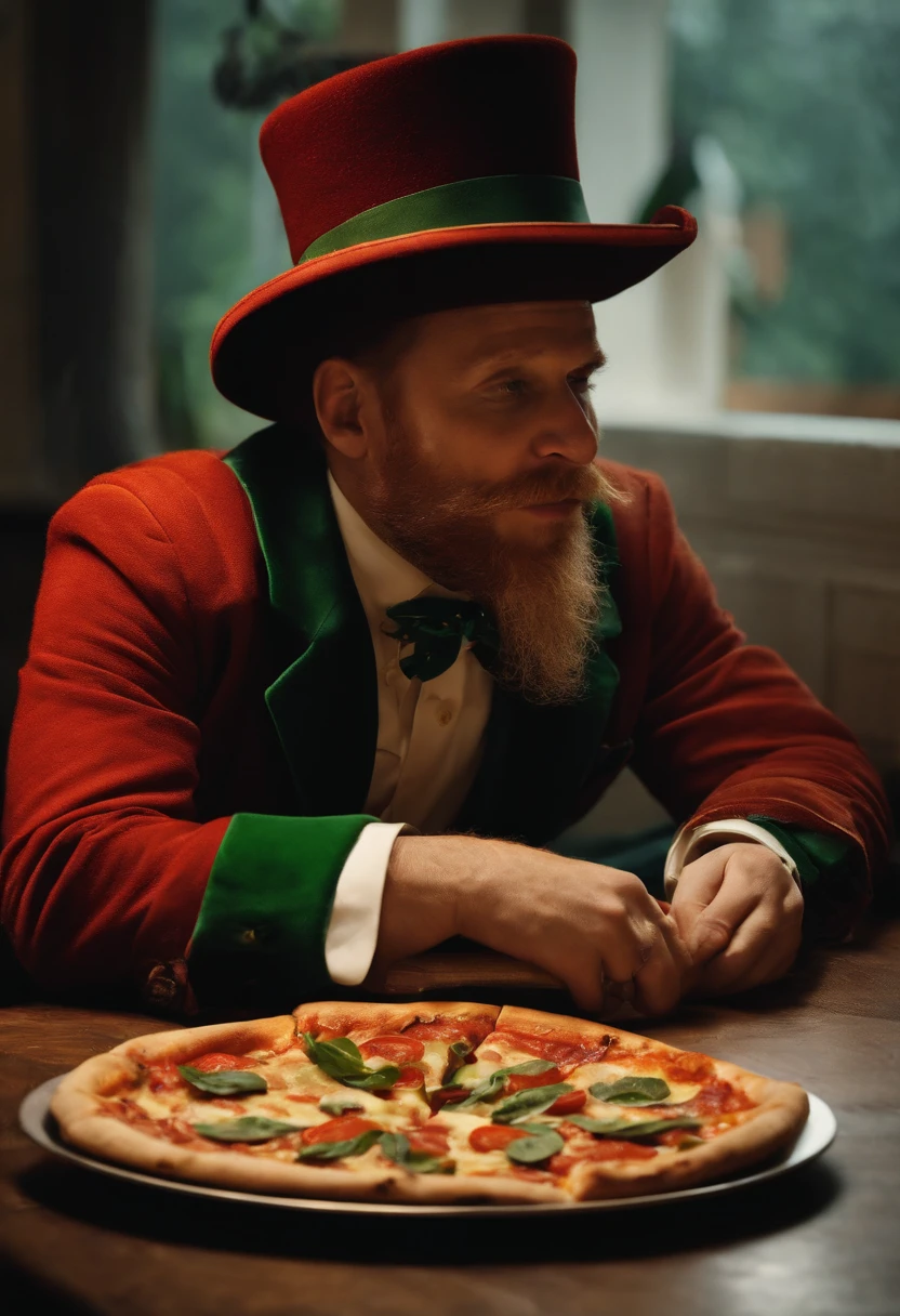 leprechaun sentado comendo pizza
