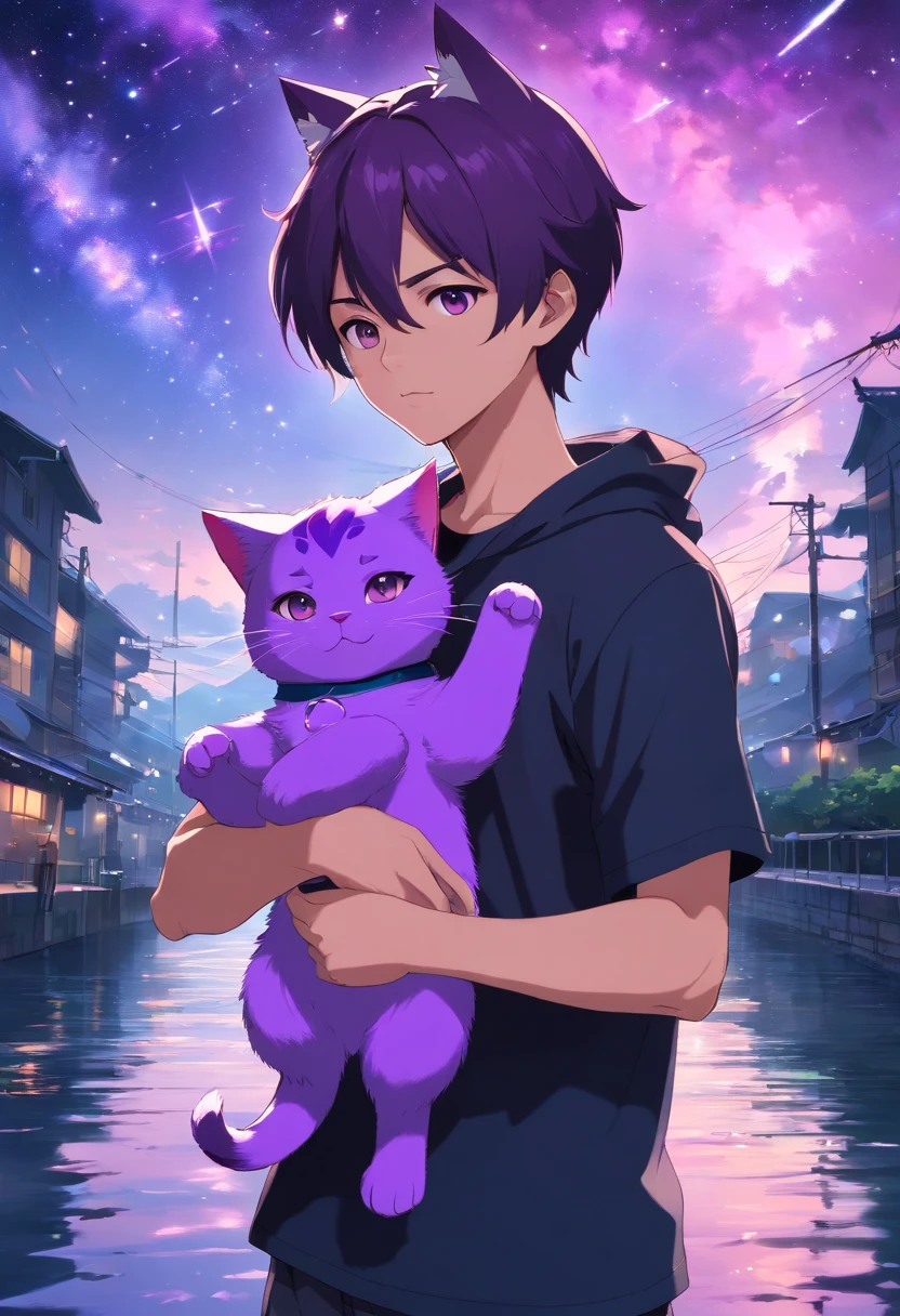 1 Man holding a purple cat-headed doll,The cat looks pathetic,Boy with purple cat ears,masks,The background is a river of bright stars, wearing a black t-shirt
