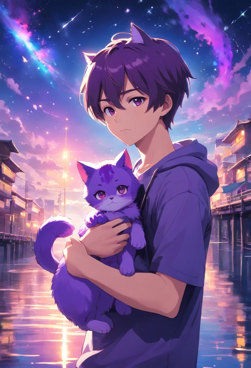 1 Man holding a purple cat-headed doll,The cat looks pathetic,Boy with purple cat ears,masks,The background is a river of bright stars, wearing a black t-shirt
