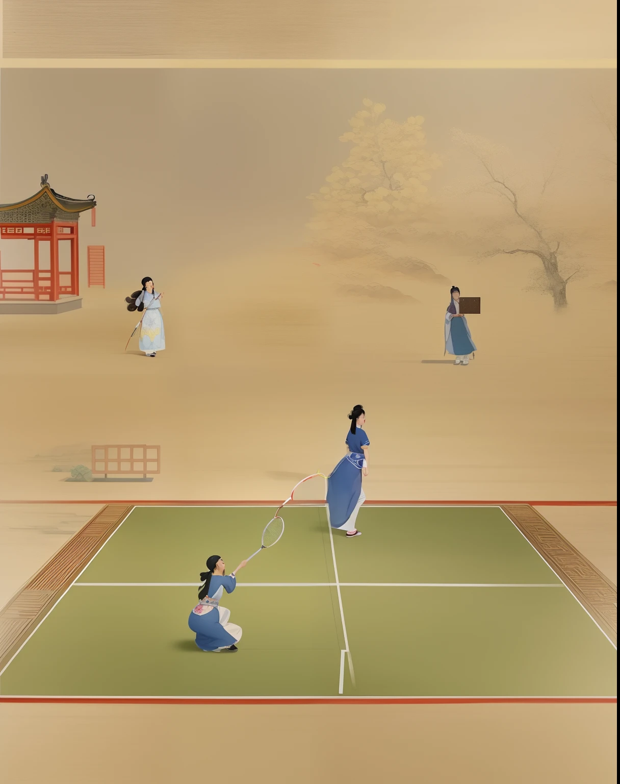 Draw a woman and other women playing badminton on the court, Badminton court background, ancient china art style, Chinese painting style, A beautiful artwork illustration, Chinese style painting, Beautiful rendering of the Tang Dynasty, Chinese watercolor style, Game illustration, author:Kim Du Liang, author:Kim Jong-hee, by Ni Yuanlu, by Yang J, Traditional Chinese painting