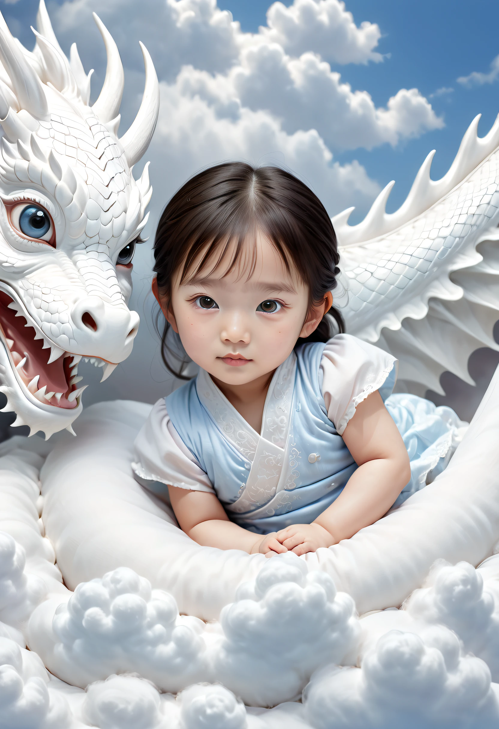 A two-year-old Chinese baby girl,Lovely, face round,Slept on a white dragon bed, a photorealistic painting by Ju Lian, shutterstock contest winner, Fantasy art, a dragon made of clouds, Chinese fantasy, lie on white clouds fairyland，Camera shot, Film style, Intricate and refined details, high qulity，japanaese girl