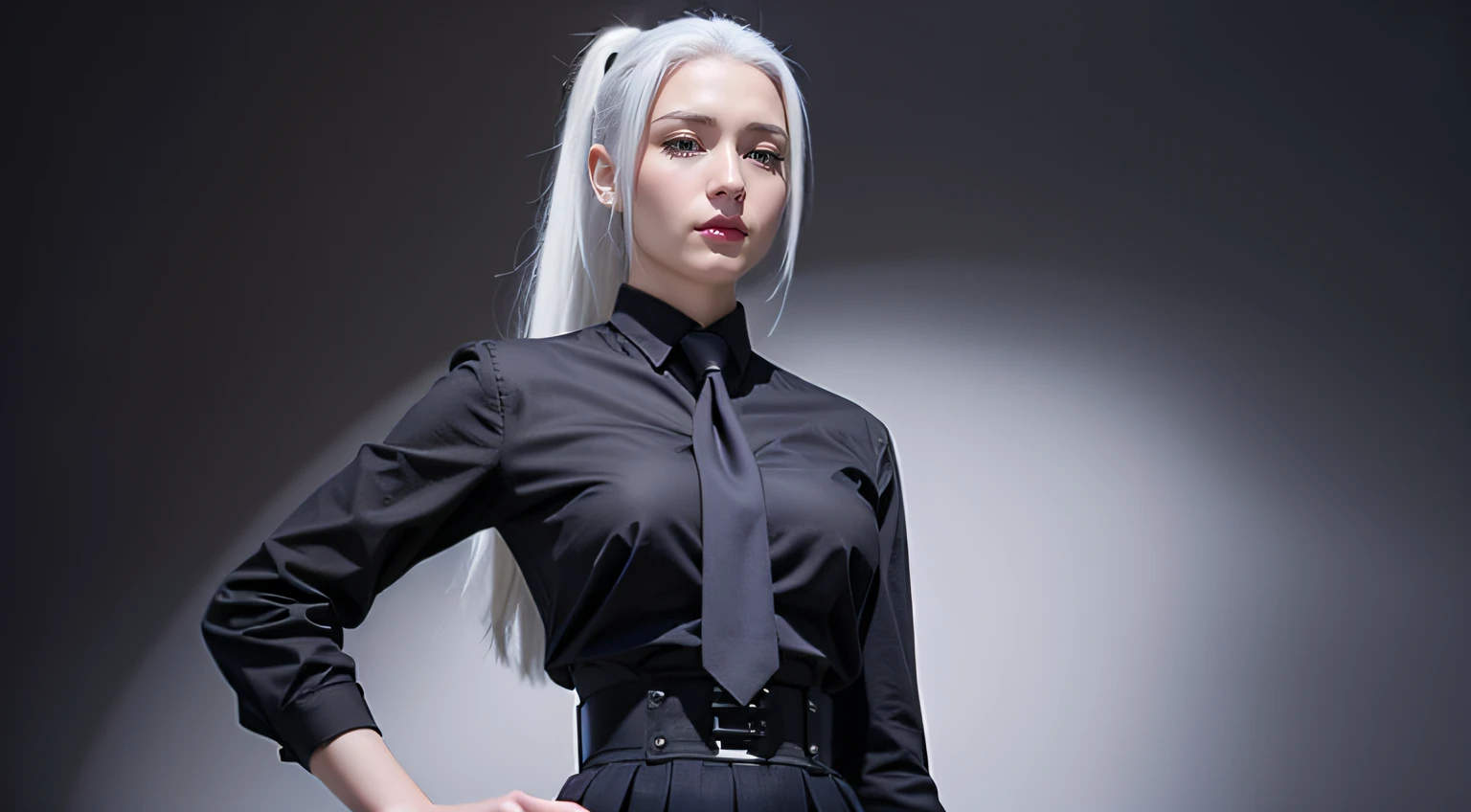 meimei2, 1woman, ponytail, black shirt, necktie, high-waist skirt, buttons, long skirt, extremely beautiful face, realistic, detailed face, narrow eyes, ((solo)), white hair, ((upper body)), beauty, exquisite face