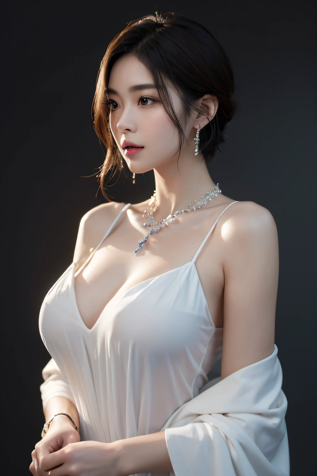((top-quality、8K、masterpiece:1.3))、Cinematic,1 Japan person model、Wistful expression、full body Esbian、Slim Faces、bvery pretty woman、Light makeup,(dark brown hair,so short hair)、very very gigantic boobs,see through dress、hyperdetailed face、A detailed eye、Black eyes,Elaborate necklaces,Large and elaborate earrings,blured background,Bracelet、Dark room by candlelight.