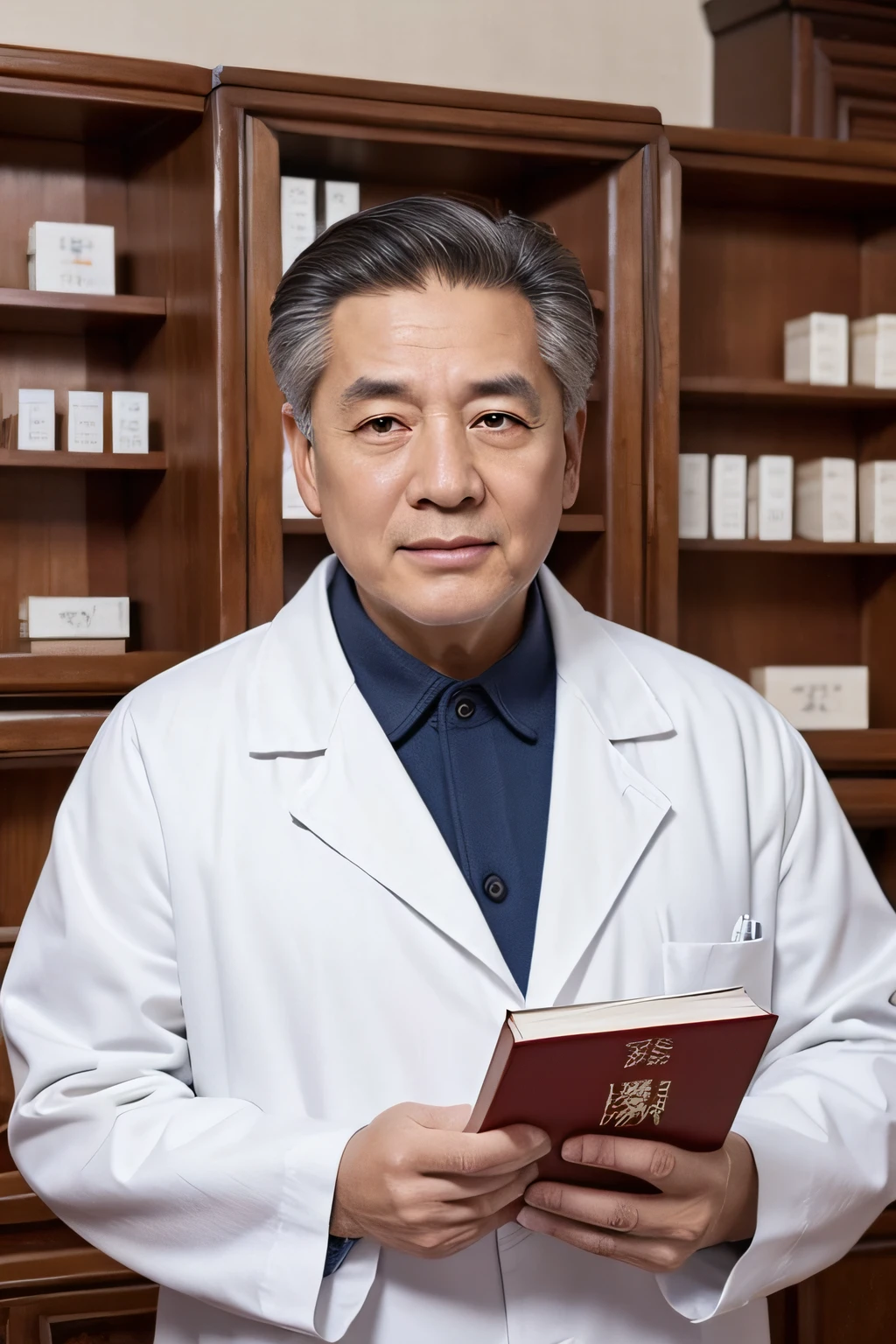 Chinese image，Real frontal photos，Authentic background，Pharmacy，holding books，Manteau blanc，Face full of wrinkles，TCM image，Wise eyes，male people