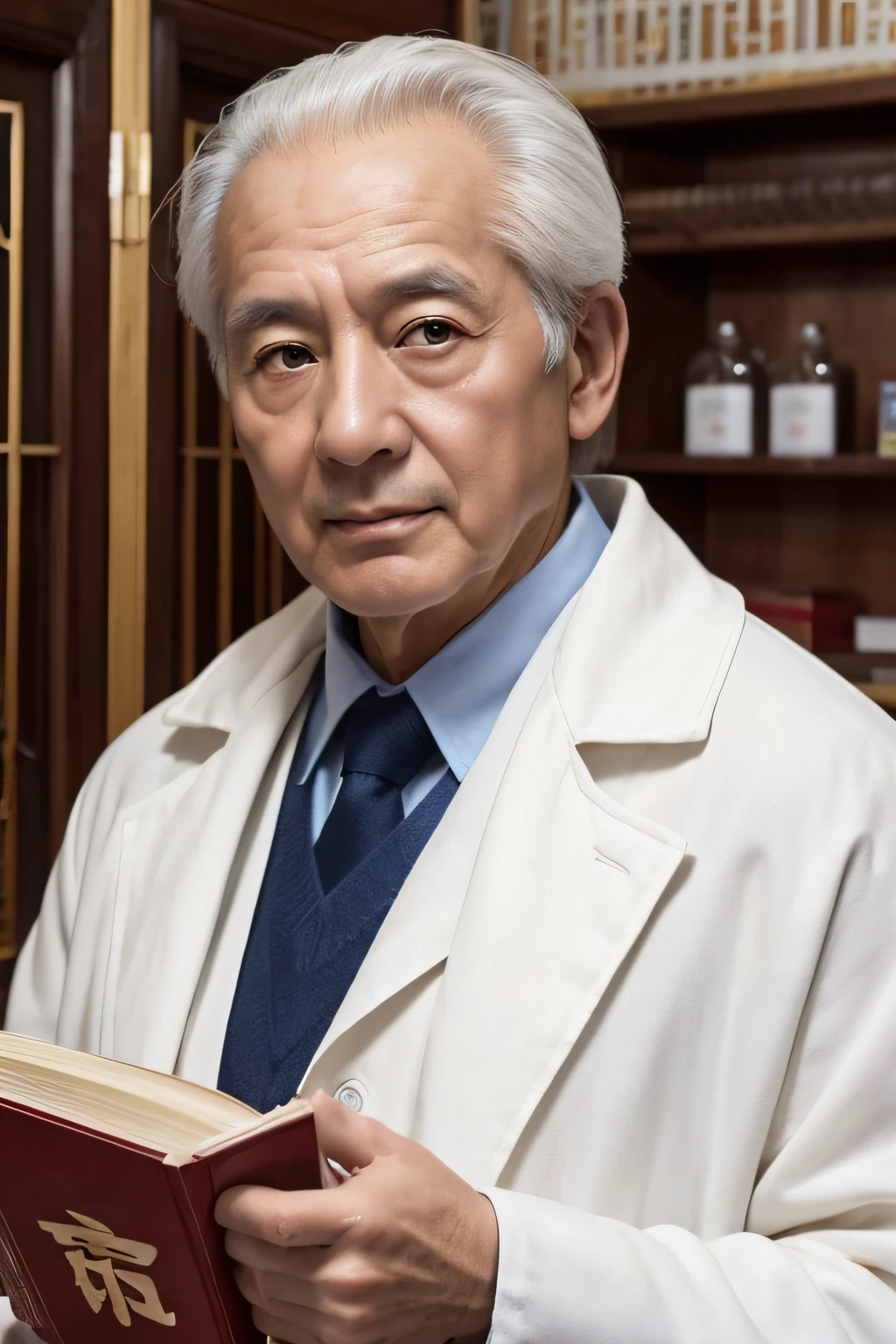 Chinese image，Real frontal photos，Authentic background，Pharmacy，holding books，Manteau blanc，Face full of wrinkles，TCM image，Wise eyes，male people