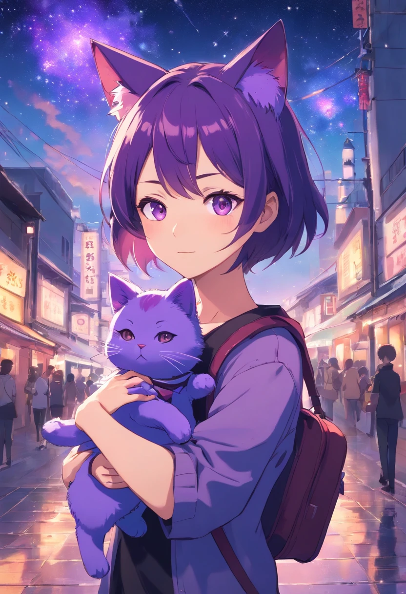 1 Man holding a purple cat-headed doll,Boy with purple cat ears,masks,The background is a river of bright stars, wearing a black t-shirt,carrying a black school bag,The eyes are full of pity