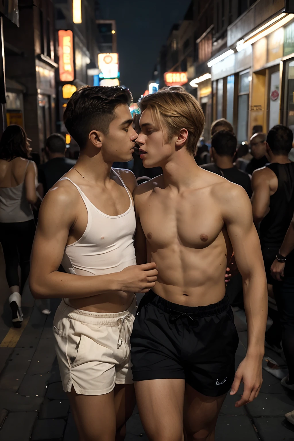 Two Caucasian gay beatiful undress boys ,white skin, blond dark hair, kisses through a night street in Harlem , warm night. Their youthful features and fair complexions contrast against the backdrop of the urban setting. The image, which could be a photograph, captures a moment of casual exploration and free-spiritedness amidst the gritty atmosphere of the city. Each teen exhibits a unique sense of style and confidence, radiating an aura of independence and camaraderie. The composition and lighting of the image evoke a cinematic atmosphere, adding a touch of drama and intrigue. This captivating visual showcases the striking juxtaposition of innocence and urban culture, inviting viewers to contemplate the complex dynamics of youth and identity in an urban environment.Dress tanktop and shorts .Color photo.