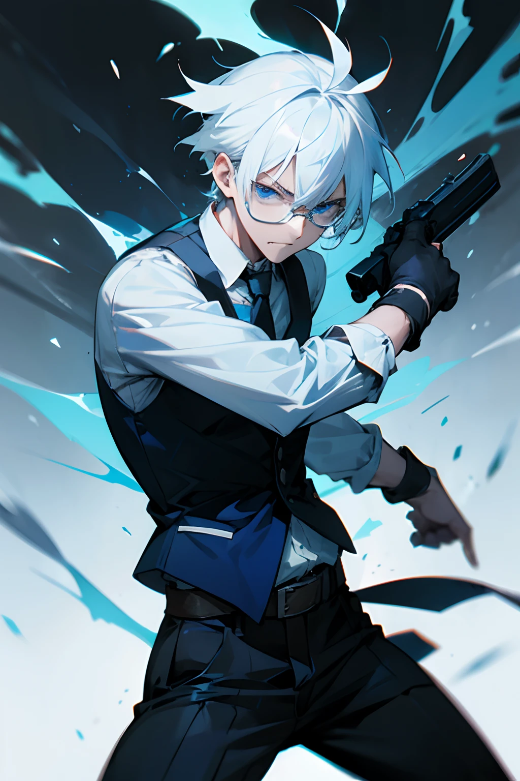 1male, white hair, blue eyes, blue palette, vest, glasses, fighting pose, gun, blood, angry, cold lights