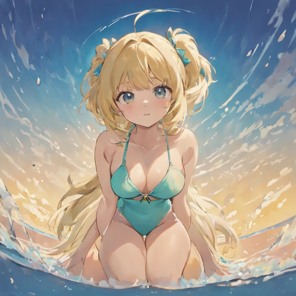 ((Best Quality)), (ultra-detailliert), ((Extremely detailed)), (Beautiful), ((Kawaii Girl)),(two side up hair)、((masutepiece)),Platinum Blonde Hair,Long hair, hair between eye, Wavy Hair, Long sideburns,Jade-colored eyes, White skin,Normal Chest,Slender body,side-tie bikini bottom、Sandals,Sitting,in beach,Look Camera,One Woman,Anime