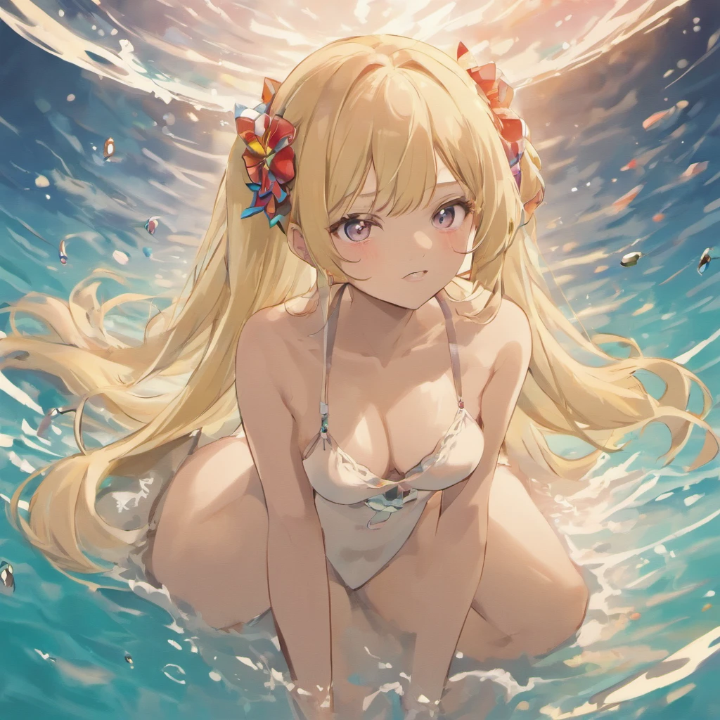 ((Best Quality)), (ultra-detailliert), ((Extremely detailed)), (Beautiful), ((Kawaii Girl)),(two side up hair)、((masutepiece)),Platinum Blonde Hair,Long hair, hair between eye, Wavy Hair, Long sideburns,Jade-colored eyes, White skin,Normal Chest,Slender body,side-tie bikini bottom、Sandals,Sitting,in beach,Look Camera,One Woman,Anime