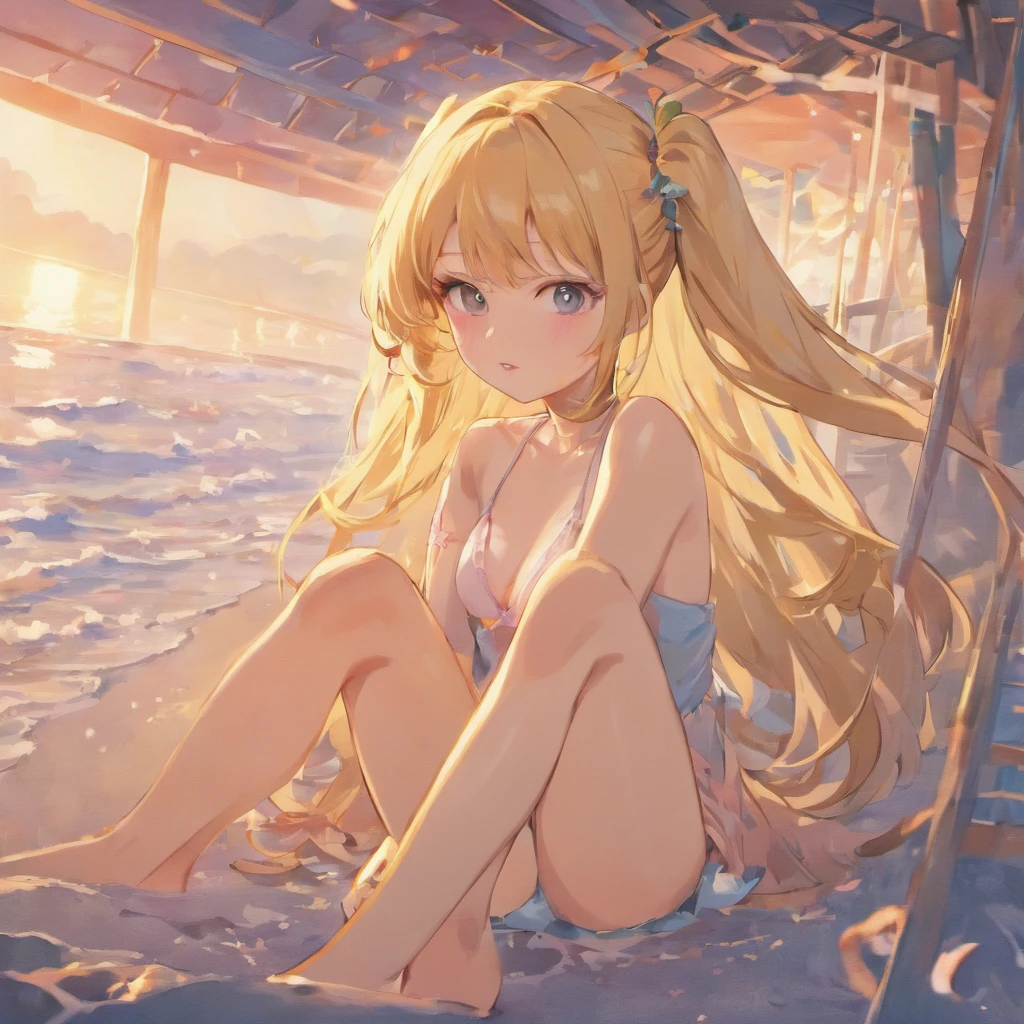 ((Best Quality)), (ultra-detailliert), ((Extremely detailed)), (Beautiful), ((Kawaii Girl)),(two side up hair)、((masutepiece)),Platinum Blonde Hair,Long hair, hair between eye, Wavy Hair, Long sideburns,Jade-colored eyes, White skin,Normal ,Slender body,side-tie  bottom、Sandals,Sitting,in beach,Look Camera,One Woman,Anime