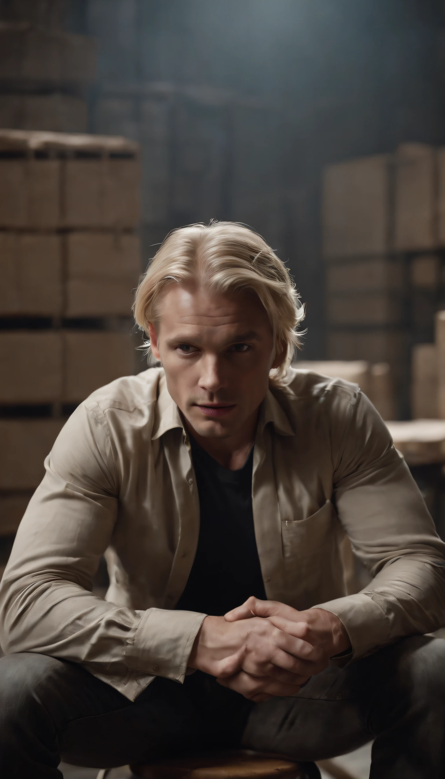 blonde man abducted and tied to a chair in a warehouse, cinematic scene from film