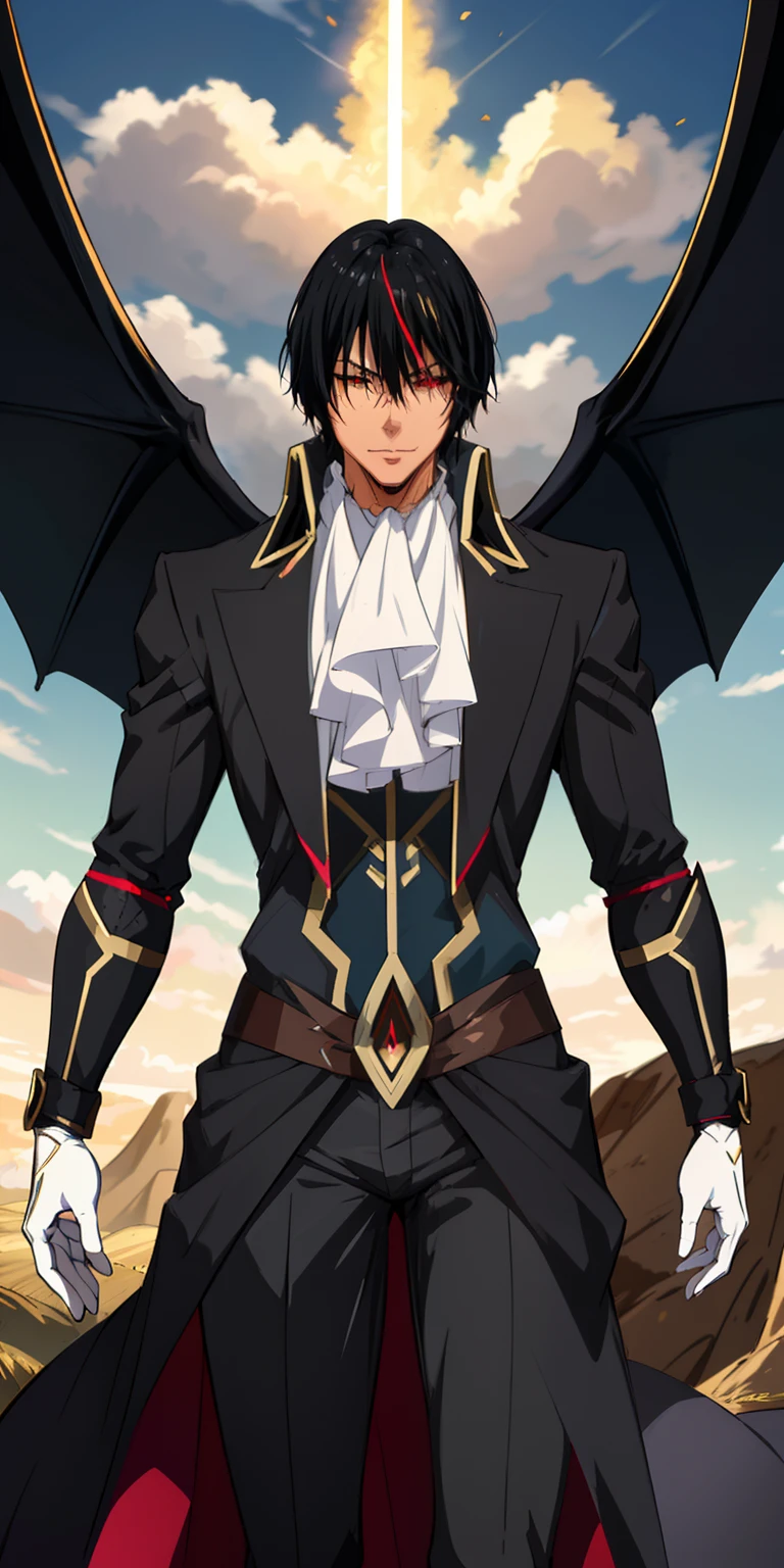 "Craft a high-quality, detailed image that portrays Diablo from 'That Time I Got Reincarnated as a Slime' with utmost precision. Ensure that every aspect of Diablo's character is meticulously represented. His design should reflect his distinct features, such as the dark suit, crimson eyes, detailed eyes, and the air of strength and confidence he exudes. Illuminate the scene with cinematic lighting that accentuates his presence, making him the focal point of the image. Emphasize his charismatic and powerful aura. Create this image in stunning 8K Ultra High Definition, guaranteeing the highest level of clarity and realism to bring Diablo to life with incredible detail."