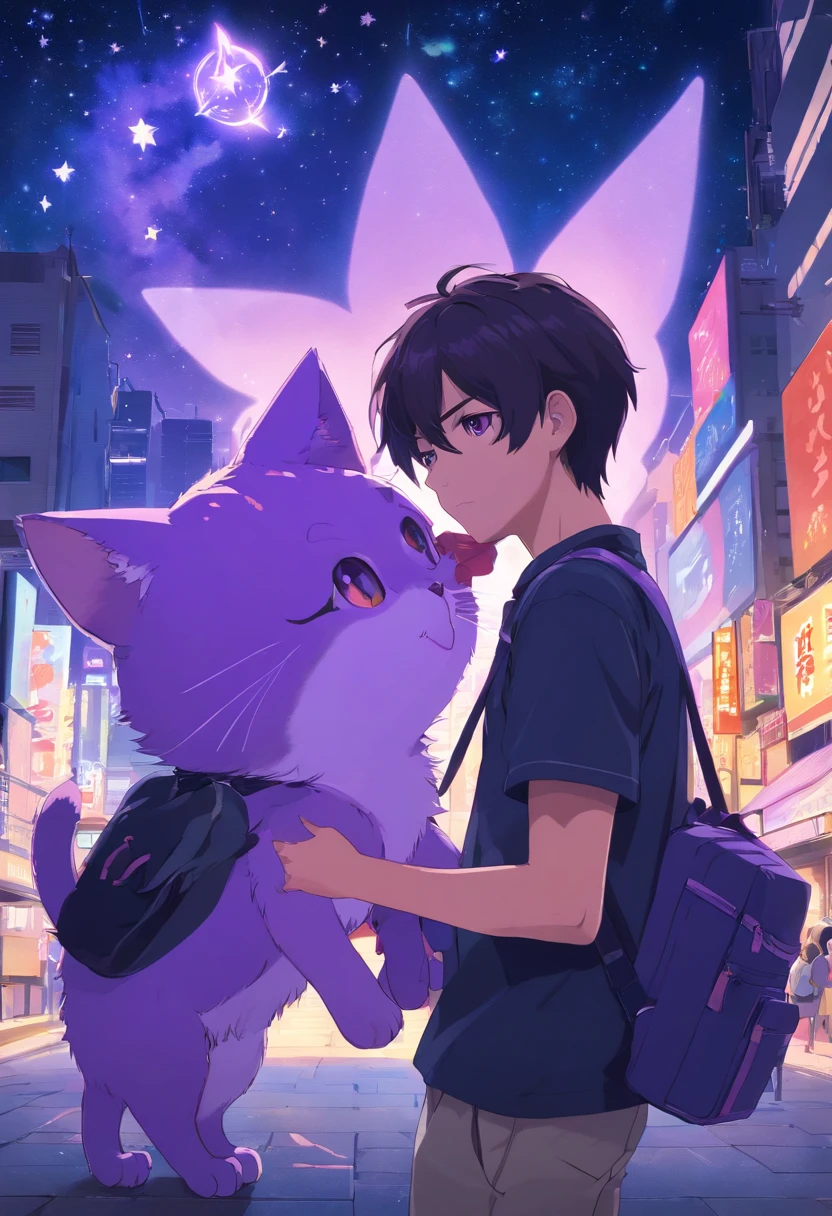 1 Man holding a purple cat head and bodyless doll,Boy with purple cat ears,masks,The background is a river of bright stars, wearing a black t-shirt,carrying a black school bag,The eyes are full of pity