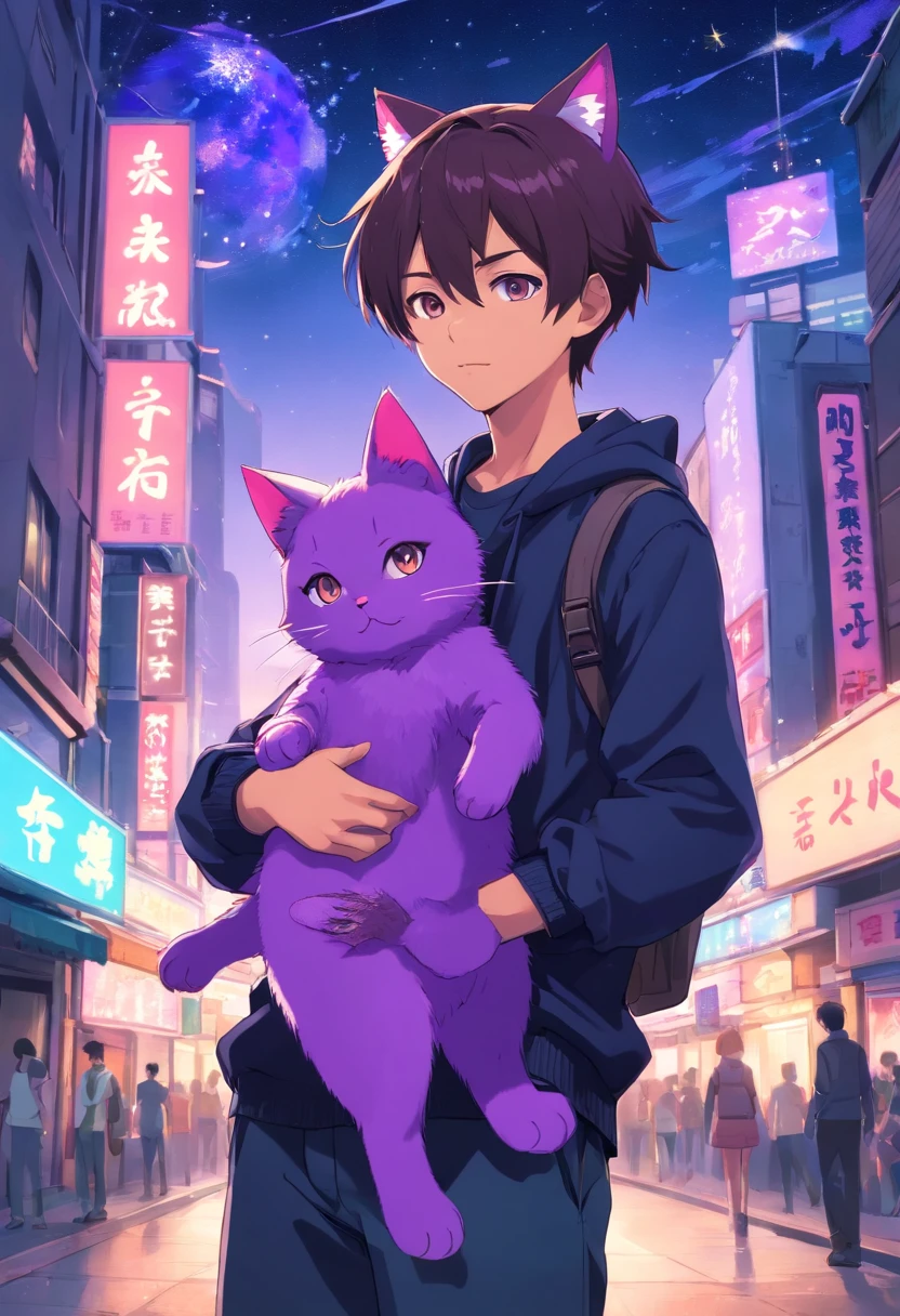 1 Man holding a purple cat head and bodyless doll,Boy with purple cat ears,masks,The background is a river of bright stars, wearing a black t-shirt,carrying a black school bag,The eyes are full of pity