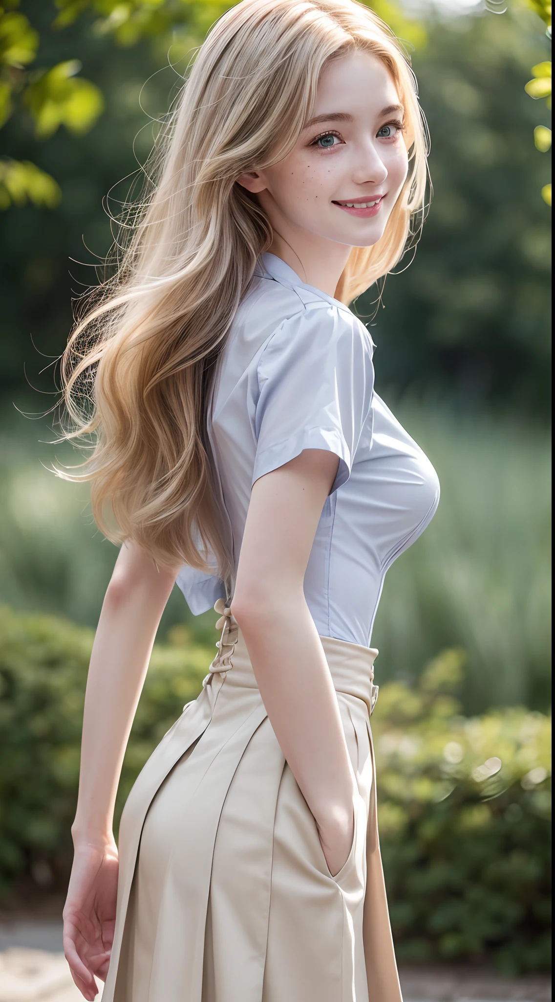 woman face, Americana, ar old, pale skin and freckles, grey  eyes, delicate nose, soft and delicate lips, long, Wavy gray blondie hair, Ultra-realistic HD highly rendered photorealistic,Very slim and slender fit muscular body:1.3), ((Looking at Viewer)),(Big smile:1.3), (Blurred background),(No people in the background:1.3), Clear eyes, Walking, (pale skin), (Big eyes), (Golden bristles), (Full body shot), , ((blue high waist skirt)), , (Looking at Viewer:1.3) opened breast, Very slim, medium breasts, ass forcus, Before the eyebrows, ((whiteshirt:1.3)), (double-breasted,Underbust:1.2), Short sleeves, buttonGap,Corset Belt,Shorthair,backtrack, (Back shot), ass forcus