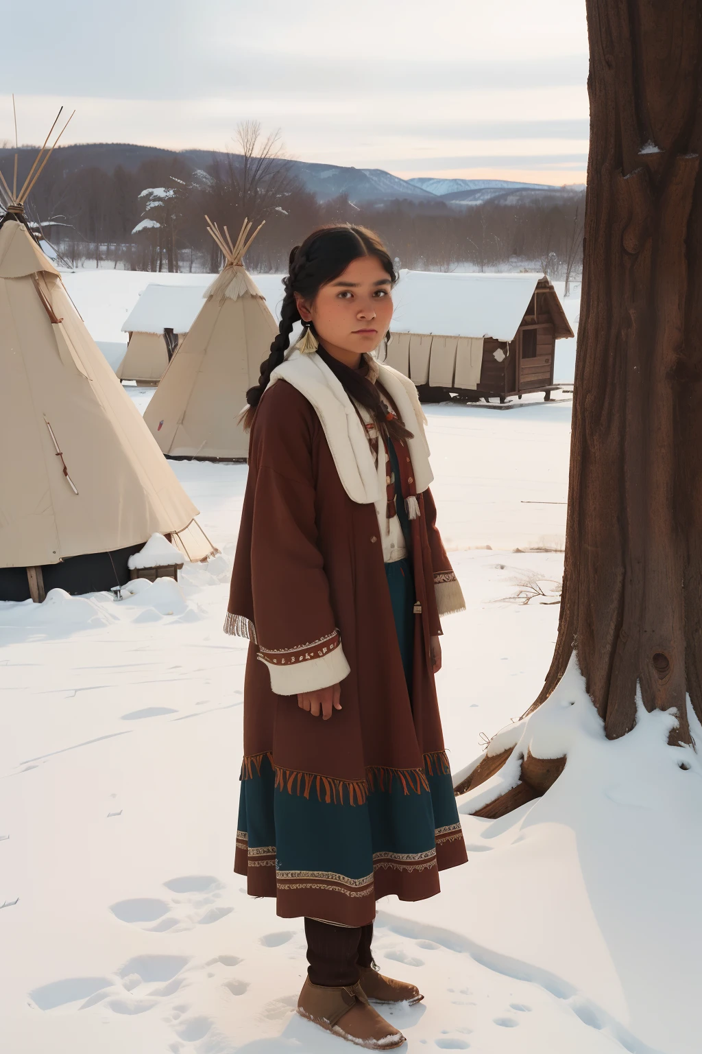 year: 1841. Location: Illinois. Pre-Raphaelite scene with a 18-year-old sauk native american woman, indian village, teepees, winter, snow, ((((Clothing from the 1830s)))) ((Hairstyle of the 1830s)), ((("OMITB" cinematography)))