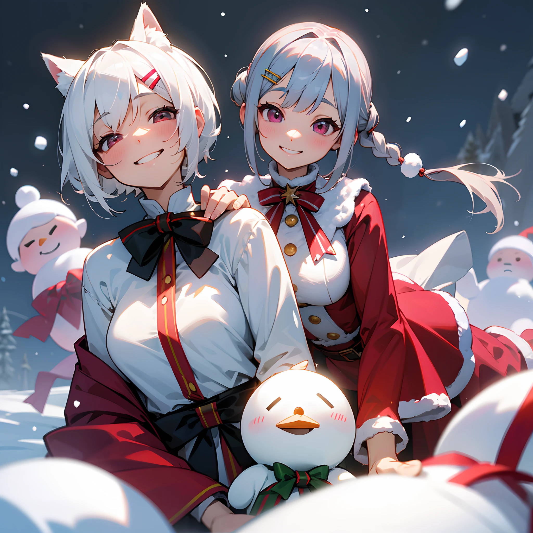 1 beautiful woman、kawaii、Beautiful fece、The upper part of the body、Short hairstyle with silver hair and bob:1.5, Hair tied in a bun with a hair clip, Pink eyes, small tits、Looking at this、The best smile、grin、santa claus、Have a gift、It's snowing、Snowflake、Riding a sled、Lots of snowmen、Christmas tree