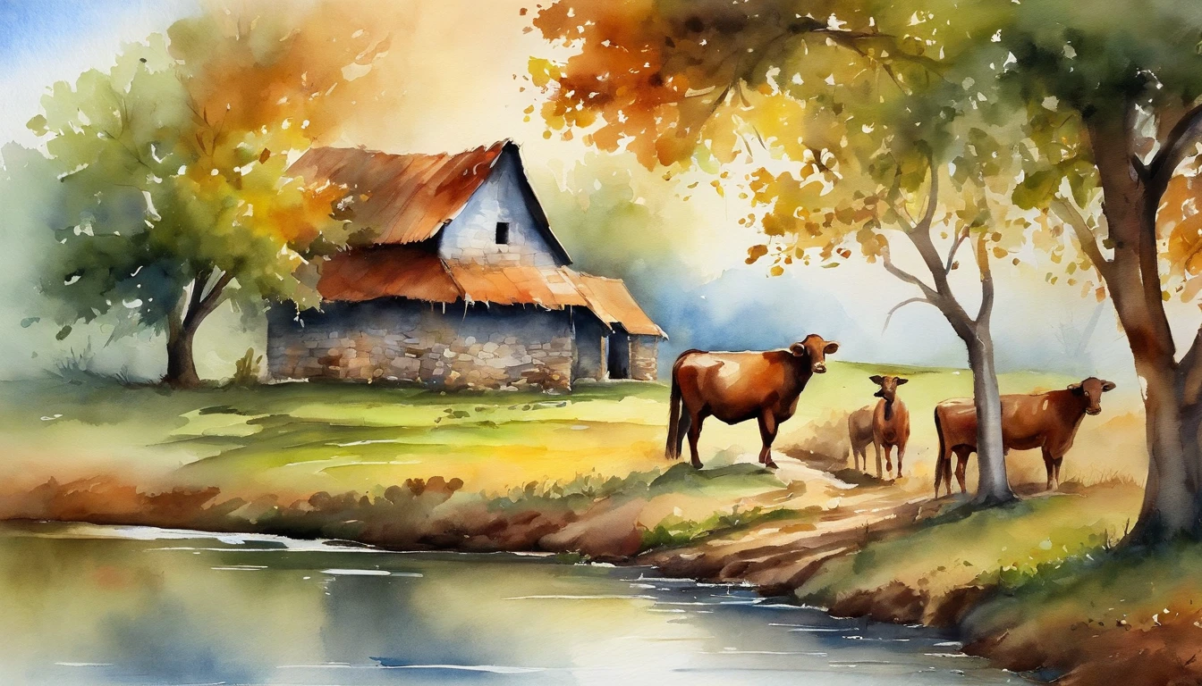 Clipart, A farm house under the big tree beside the stream, Sunrise, bullock cart , Oil painting, classic style, rich colors, brushstrokes, vibrant textures, expressive portraits, dynamic composition, capturing light and shadow, artistry, timeless beauty, white background