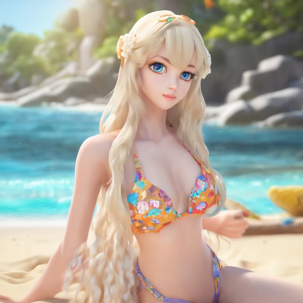 ((Best Quality)), (ultra-detailliert), ((Extremely detailed)), (Beautiful), ((Kawaii Girl)),(two side up hair)、((masutepiece)),Platinum Blonde Hair,Long hair, hair between eye, Wavy Hair, Long sideburns,Jade-colored eyes, White skin,Normal Chest,Slender body,side-tie bikini bottom、Sandals,Sitting,in beach,Look Camera,One Woman,Anime