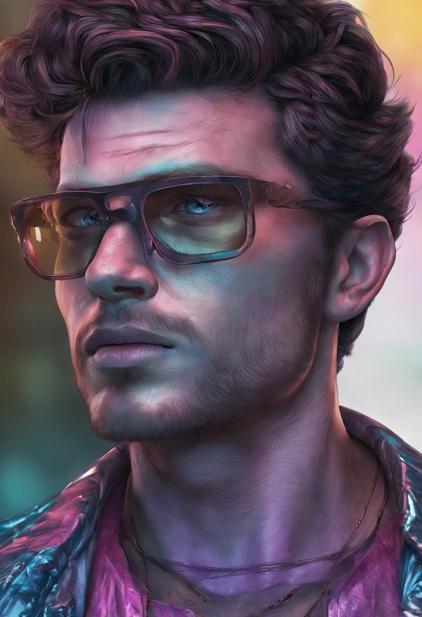 , tema colorido, Synthwave Sky,(best quality, alta qualidade, high resolution), Realistic, ultra-detalhado, highly detailed face features, absurdos, realistic lighting and reflections, highly detailed face features, see through shirt, melhor foto,High quality illustration