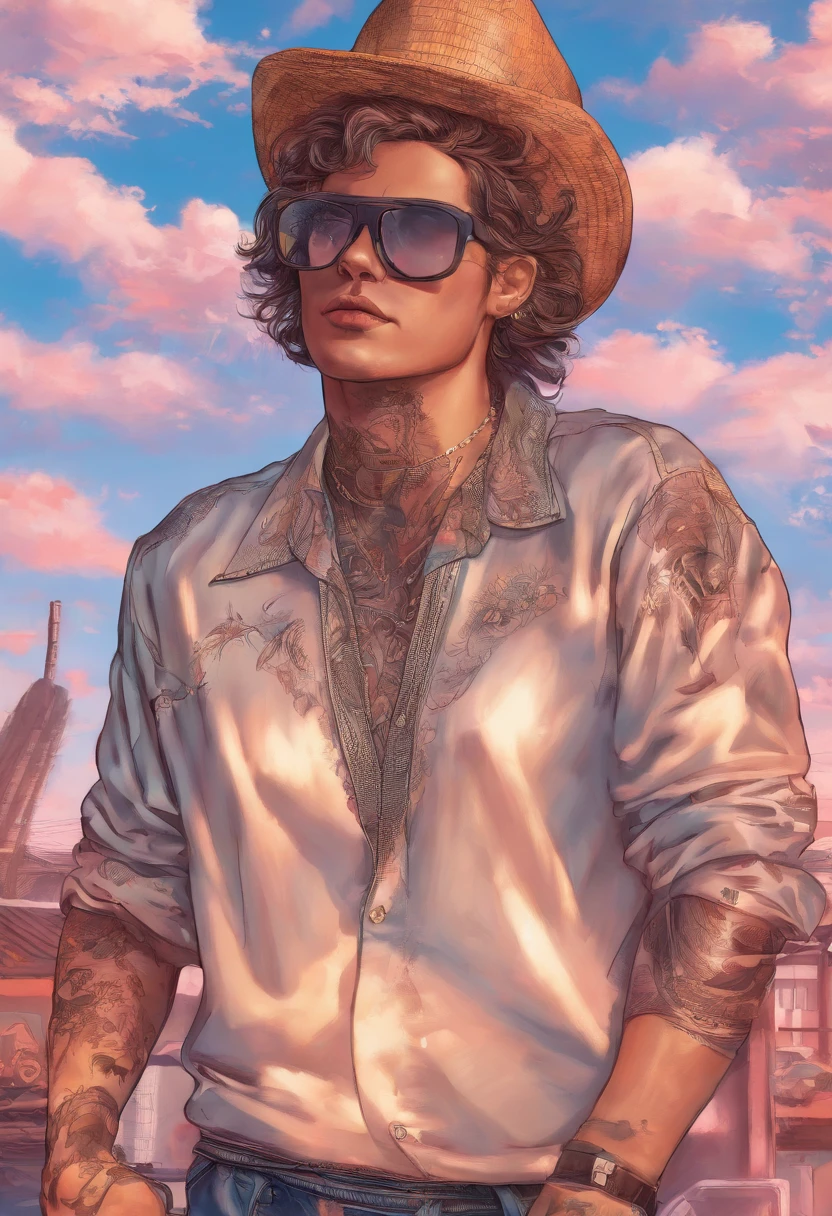 , tema colorido, Synthwave Sky,(best quality, alta qualidade, high resolution), Realistic, ultra-detalhado, highly detailed face features, absurdos, realistic lighting and reflections, highly detailed face features, see through shirt, melhor foto,High quality illustration