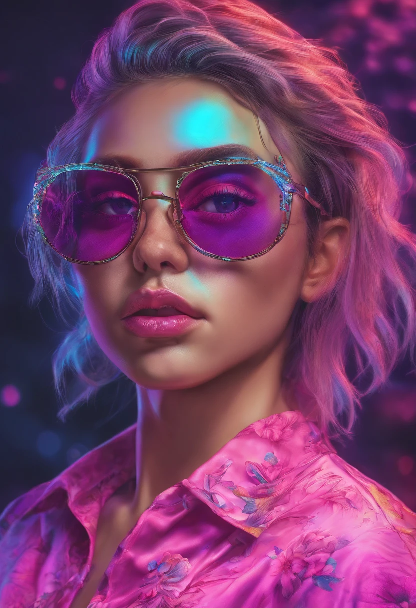 , tema colorido, Synthwave Sky,(best quality, alta qualidade, high resolution), Realistic, ultra-detalhado, highly detailed face features, absurdos,  realistic lighting and reflections, highly detailed face features, see through shirt, melhor foto,High quality illustration