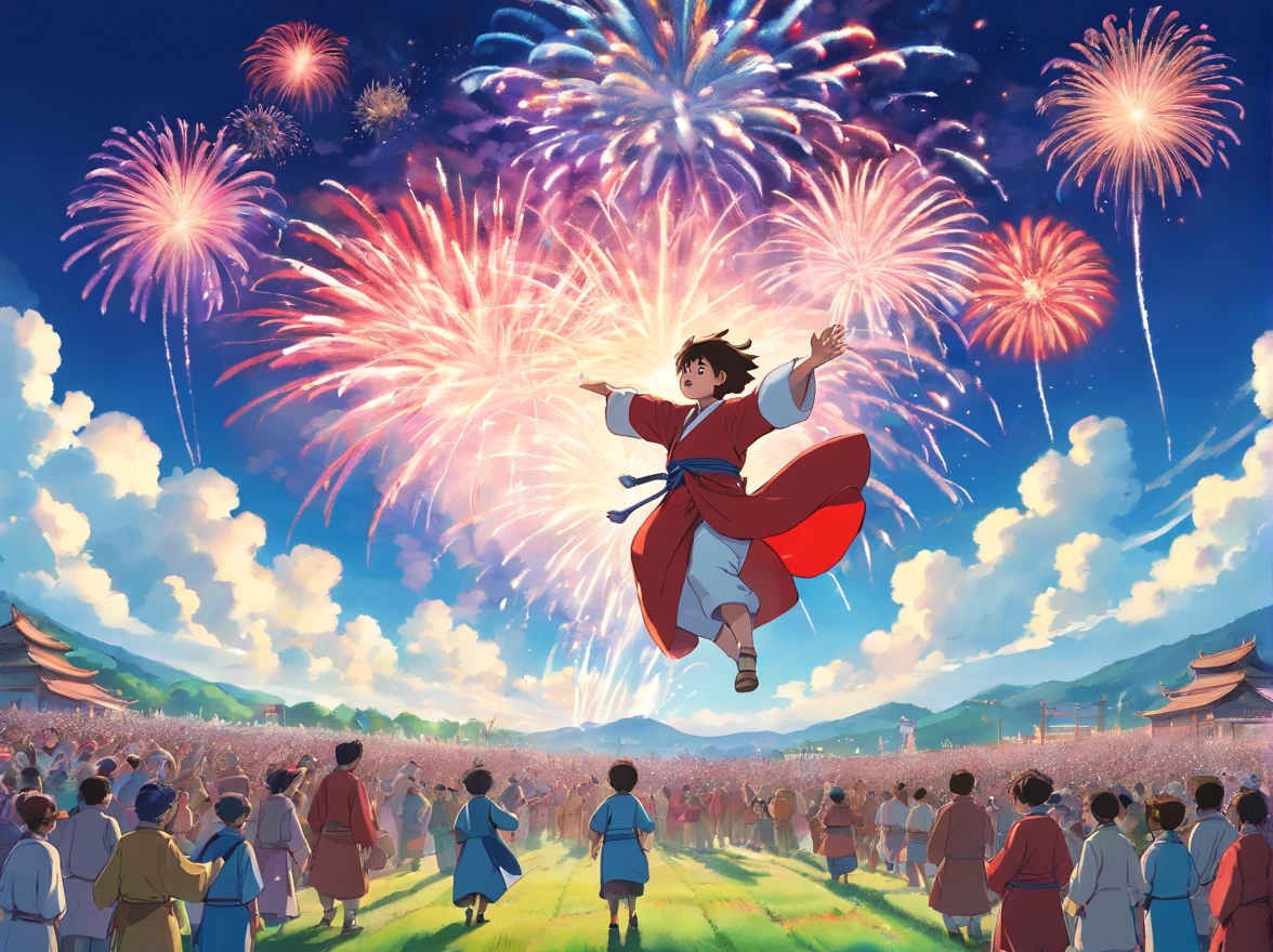 Blue sky and white clouds in the field,A lot of people wearing Zhuang costumes,Surrounded by a young red Zhuang costume boy(Positive perspective,rejoice),The boy stood in the middle of the crowd,Jump on both feet,Grab the fireworks with your right hand held high。Host an event,Fireworks Festival
