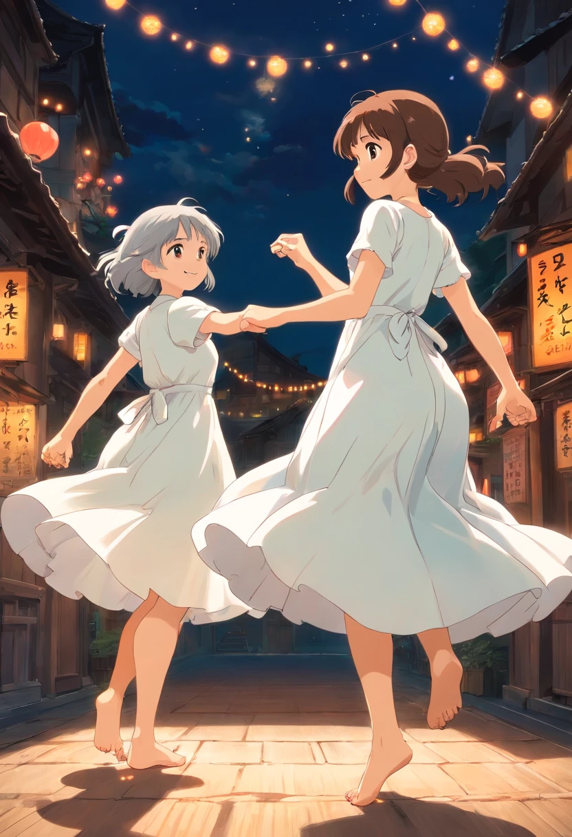 2 girls,Wearing a white dress,Barefoot,dance