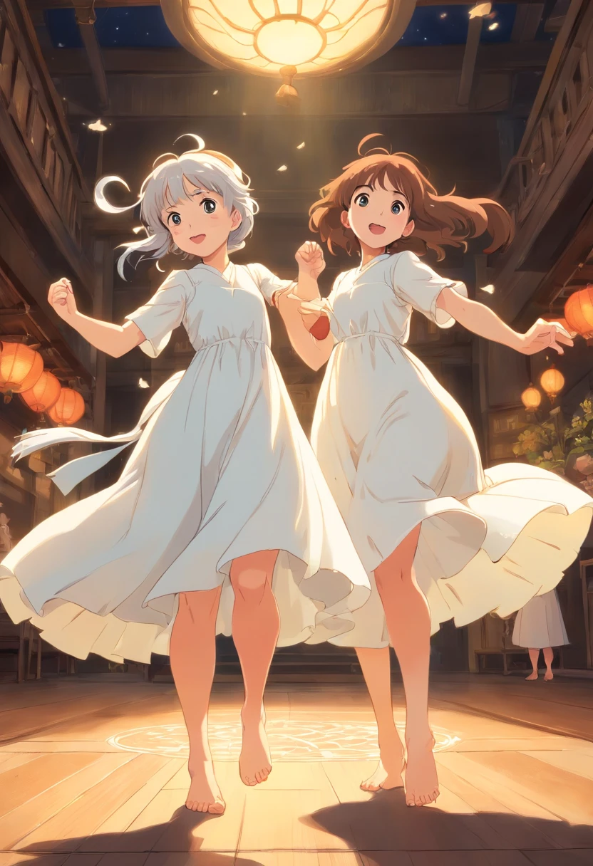 2 girls,Wearing a white dress,Barefoot,dance