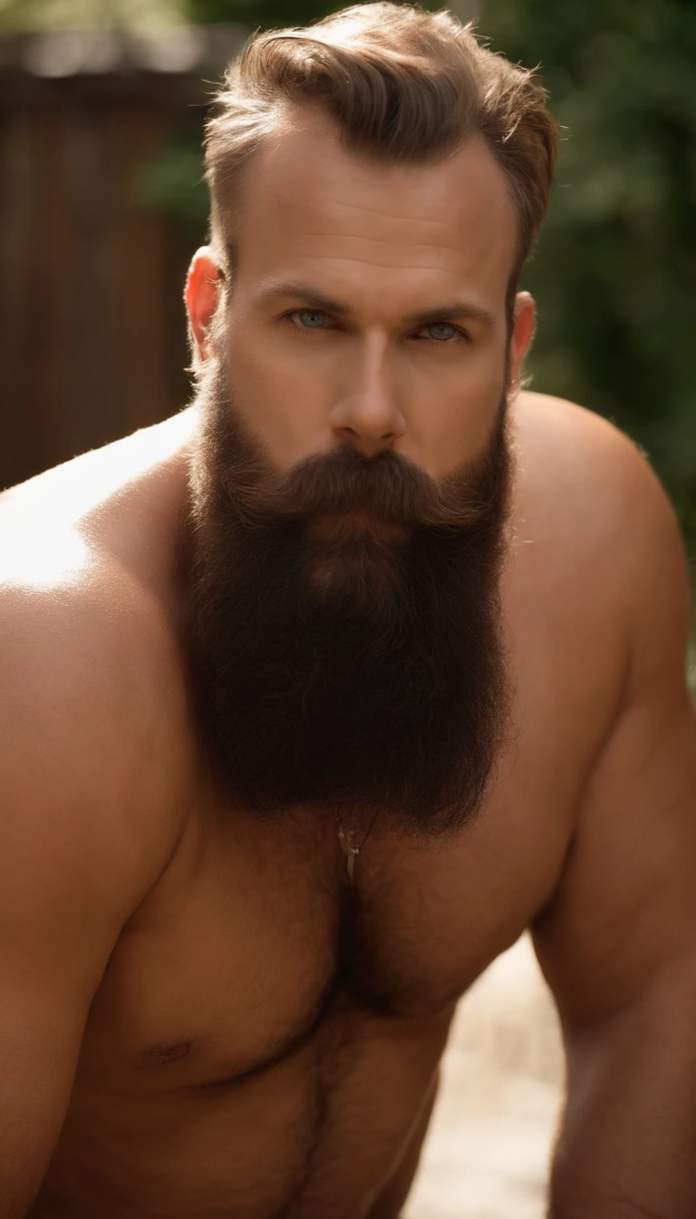 Big beefy white man with lots of pudge and an extremely hairy body standing naked looking at the camera in a very dominant and sexually aggressive pose. His head is freshly shaved smooth and it shines in the moody warm lighting of the scene. He has a medium to long length full beard that is well kept with a mustache that is waxed into a handlebar. His cock is hard and large and hairy