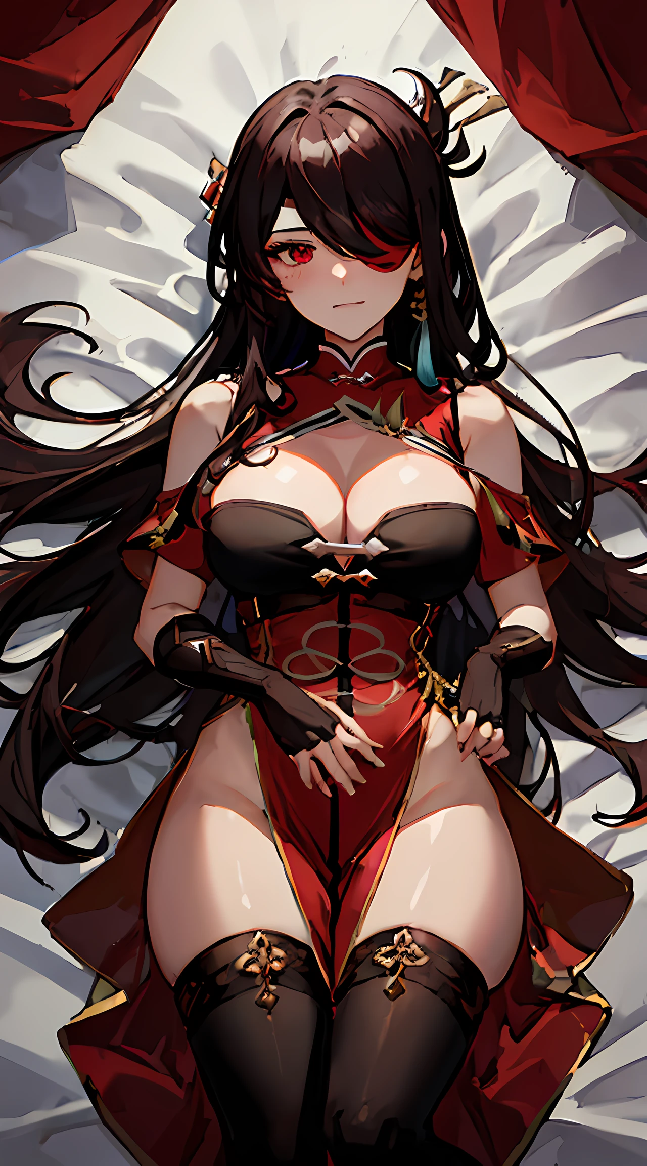 1girl, beidou_genshin, beautiful face, long black hair, hairpin, wearing red sleeveless dress, beautiful dress, red eye, lying on white coloured bed, white coloured background, lovely thighs, glowing thighs, big tits, cleavage, view from on top, high res, ultrasharp, 8k, masterpiece, looking at viewer, blushing, seductive look, beautiful illustration, top quality