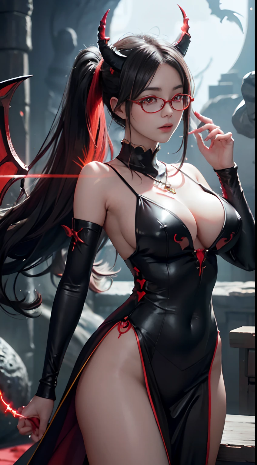 Fine、(The best illustrations)、8k UHD resolution、intricate-detail、top-quality、realisitic、ultra-detailliert、The best lighting、Best Shadows、Soft lighting、Ulutra HD、Dungeon、The dragon、caves、Dungeon、 Evil Nun、A Necromancer、natta、Dark style、Succubus、Devil's Daughter、Umi Shinonome、Bat Wings，(((Demon Horns)))、((((black-rimmed round glasses))))、(((Colossal tits)))、(Devil's Tail)、(red eyes glowing:1.6)、​masterpiece、beautiful countenance、Tindall Effect、photos realistic、(High Detail Skins:1.2)、8KUHD、Digital SLR、hightquality、a picture、hight resolution、 absurderes、Ponytail distortion、best ratio four finger and one thumb、女の子1人、hair adornments、Red sparkling gemstone necklace、jewely、Beautiful expression、Body Up、Large breasts emphasis、Toned waist、Wide buttocks、Tindall Effect、Photorealsitic、(High Detail Skins:1.2)、