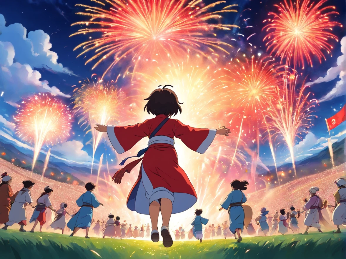 Blue sky and white clouds in the field，A lot of people wearing Zhuang costumes，Young red Zhuang costume boy（Positive perspective，rejoice），Stand in the middle of the crowd，Jump on both feet，Grab the fireworks with your right hand held high。Host an event，Fireworks Festival