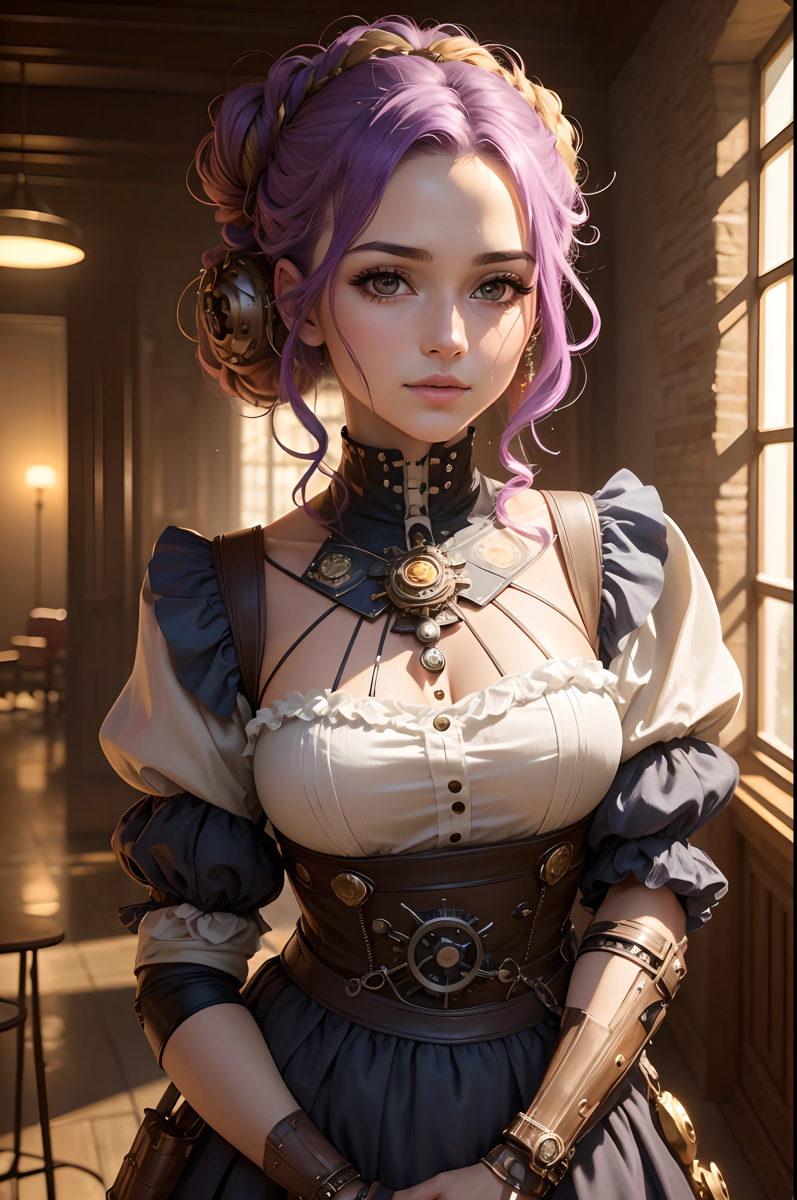 obrigatorio Manter a face e a estrutura corporal e aposicao corporal , Her name is Mocchi and she is a Youtuber, she's an NPC in our world and makes comments on everything, she's got a Steampunk style Mechanical Bulter, espartilho com mais detalhes e cor, iluminado, oil painting style, flores vibrantes e folhas delicadas, Flowing dress, long flowing hair, calm expression, (best quality, Realistic:1.37), messy bun cor de cabelo roxo palido, olhos azuis, a suas maos descansam sobre o seu colo