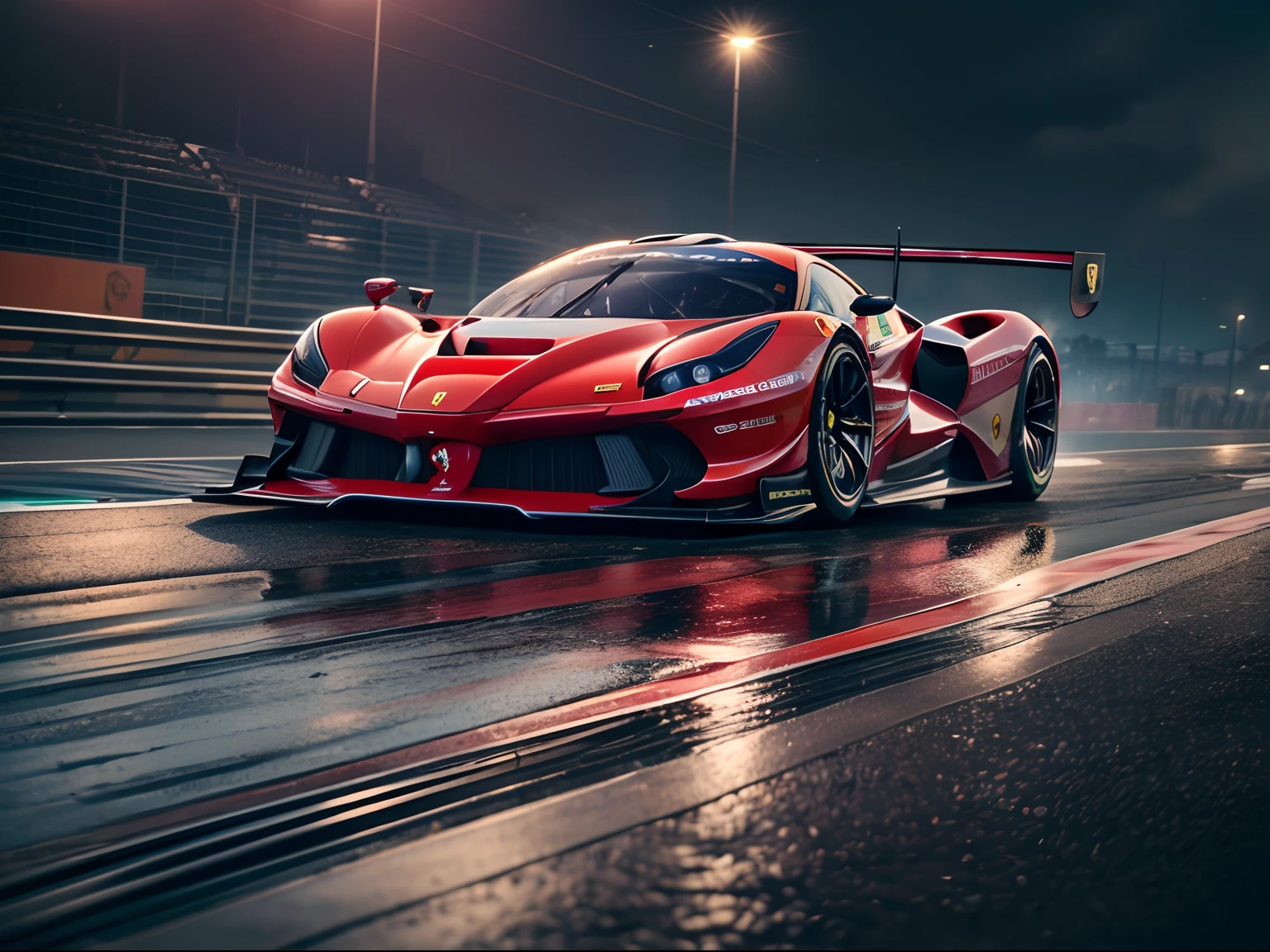 arafed image of a (ferrari hypercar:1.4), (8k, RAW photo, best quality, masterpiece:1.2), (realistic, photo-realistic:1.37), (full body:1.3) (detailed), (highres), ultra realistic, hyperrealistic, high detail RAW color photo of (ferrari hypercar:1.4), high angle shot front view ferrari hypercar driving on a race track, stormy weather, (wet:1.2), (water dust:1.2), 8k uhd, high quality, motion blur, (depth blur), cinematic, filmic image 4k, vibrant color, (reflections),(ferrari) race car,(race car:1.4),(endurance race car:1.4),at night, lights, High Detail, Sharp focus, (photorealism), realistic, best quality, 8k, award winning, dramatic lighting, epic, cinematic, masterpiece, rim light, ambient fog:1.3, dutch angle, depth of field,8k uhd, high quality, motion blur, depth blur, cinematic, filmic image 4k, vibrant color, (reflections),spoiler, GT3 race car, WEC endurance cars,rollcage,livery, lights turned on,motion blur,closeup,commercial photography,