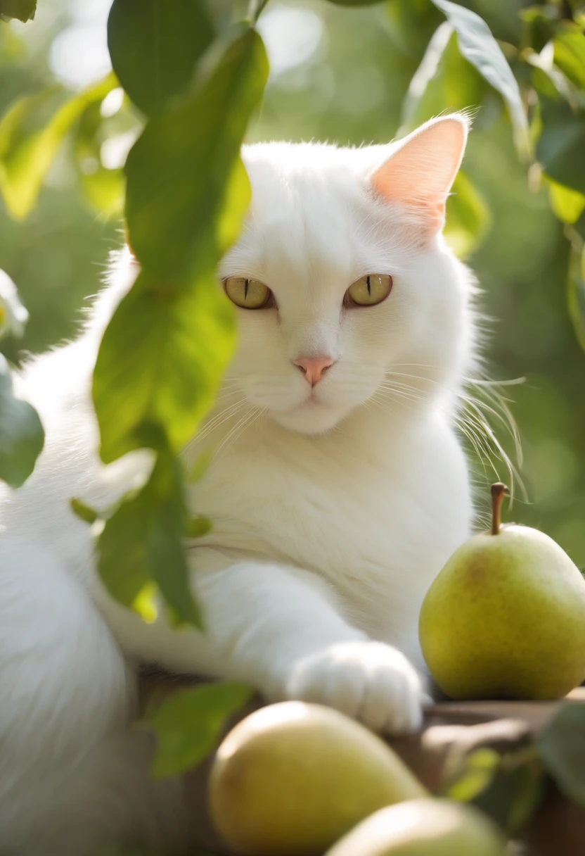 Cute white cat lying on a big pear，pear，k hd，and the sun was shining brightly，Bright colors，freshen，夏天