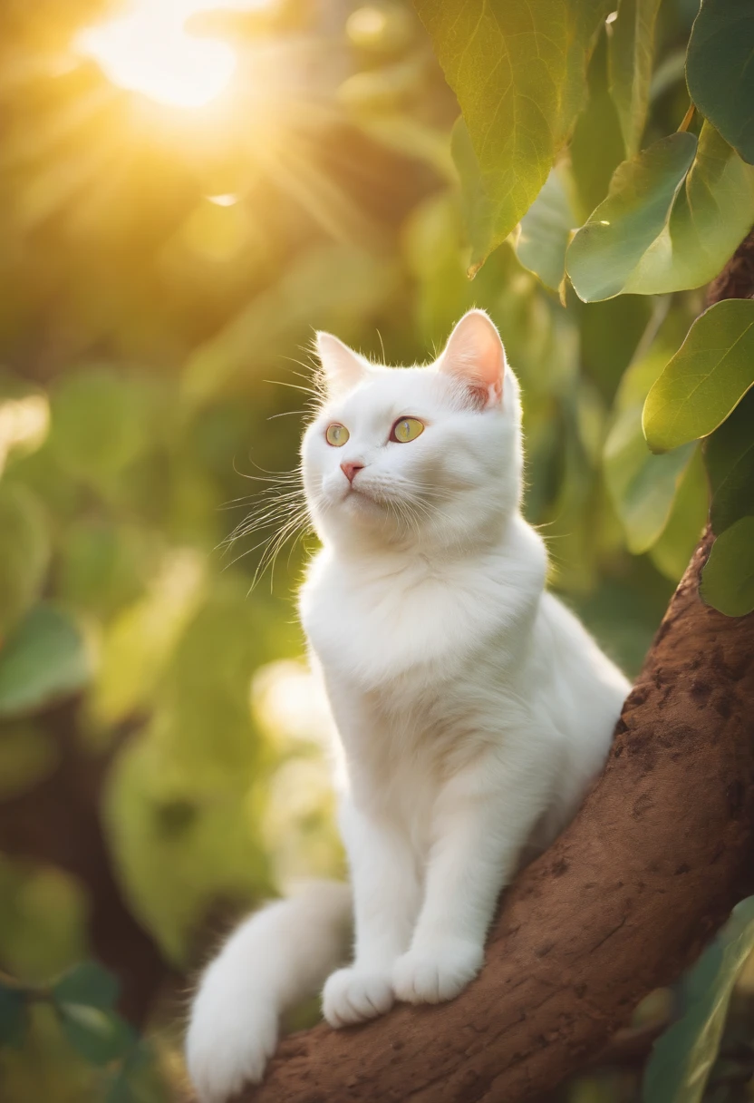 Cute white cat lying on a big pear，pear，k hd，and the sun was shining brightly，Bright colors，freshen，夏天