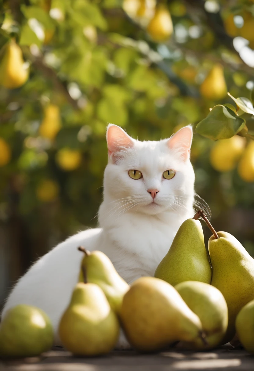 Cute white cat lying on a big pear，pear，k hd，and the sun was shining brightly，Bright colors，freshen，夏天